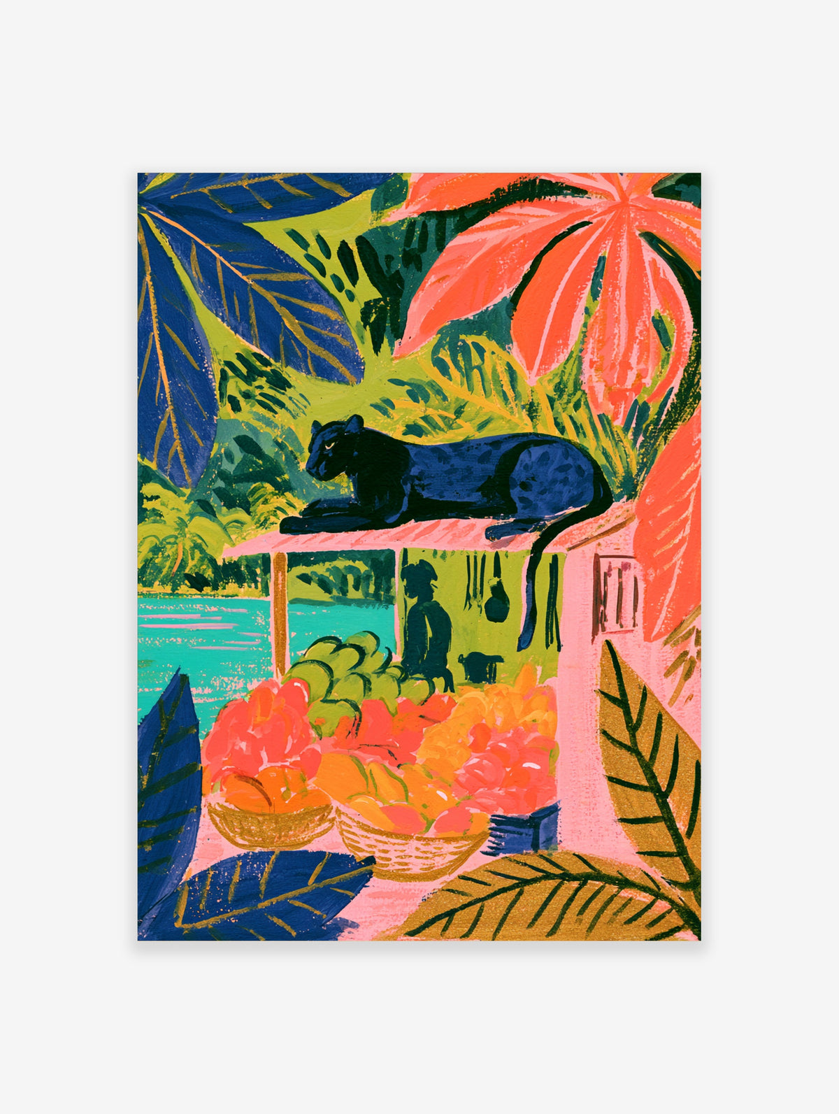 Tropical panther wall art print with fruit stand, baskets and jungle leaves
