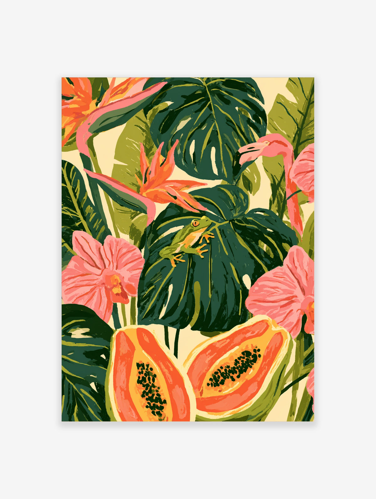 Tropical art print of a green tree frog on a monstera leaf with pink flamingos, orange flowers, and halved papayas