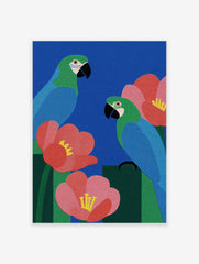 Tropical parrot and flower art poster with blue background and green and blue birds