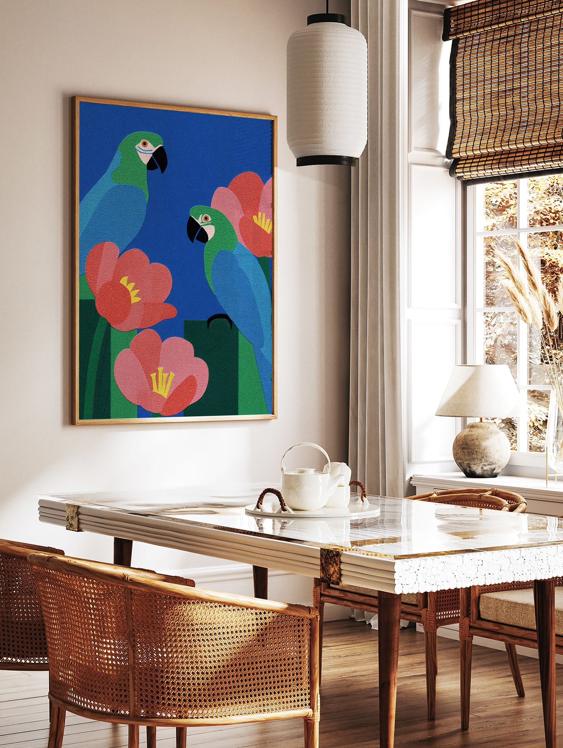 Tropical parrot and flower art poster with blue background and green and blue birds - Image 2