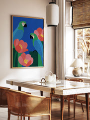 Tropical parrot and flower art poster with blue background and green and blue birds - Image 2