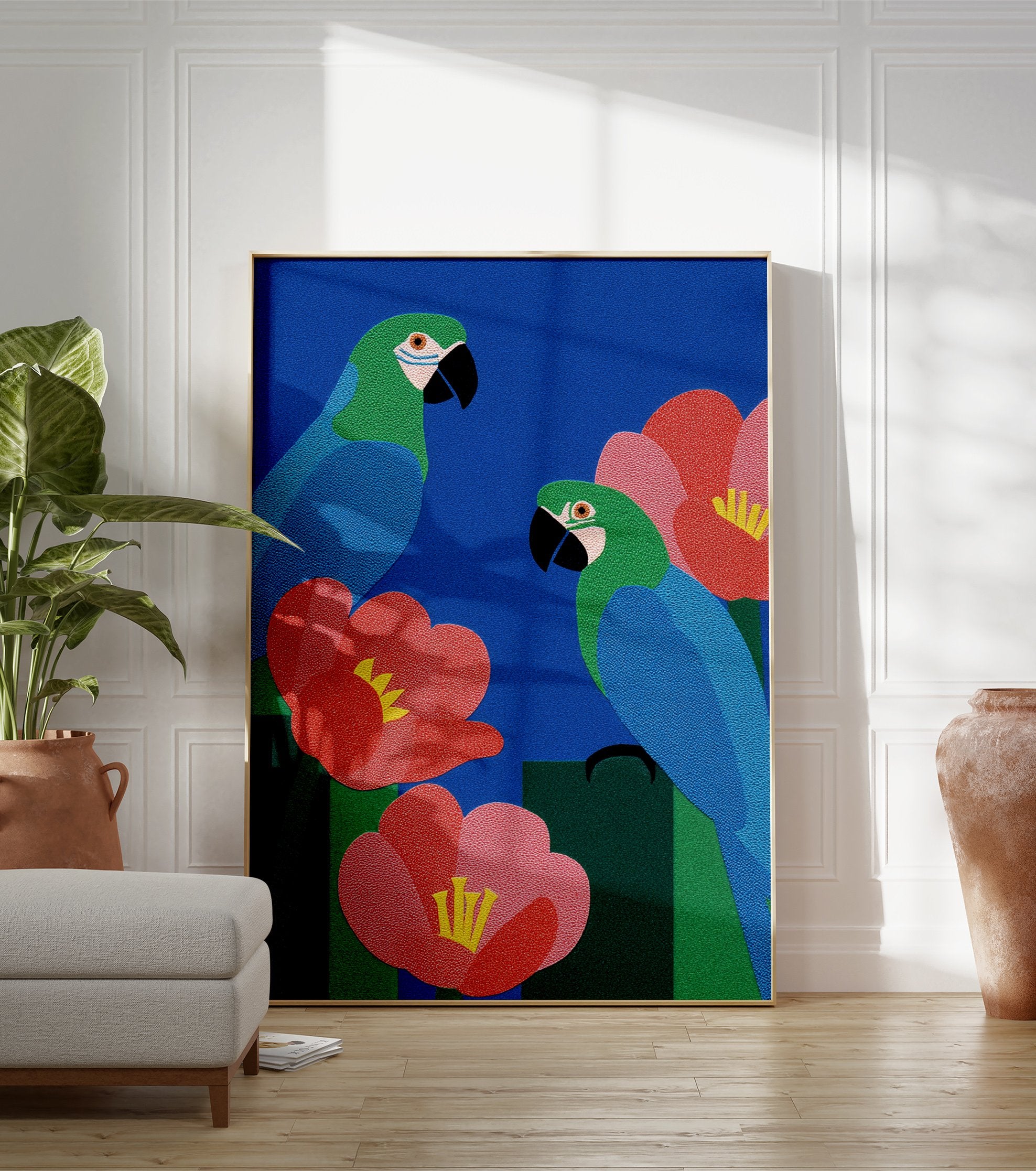 Tropical parrot and flower art poster with blue background and green and blue birds - Image 3