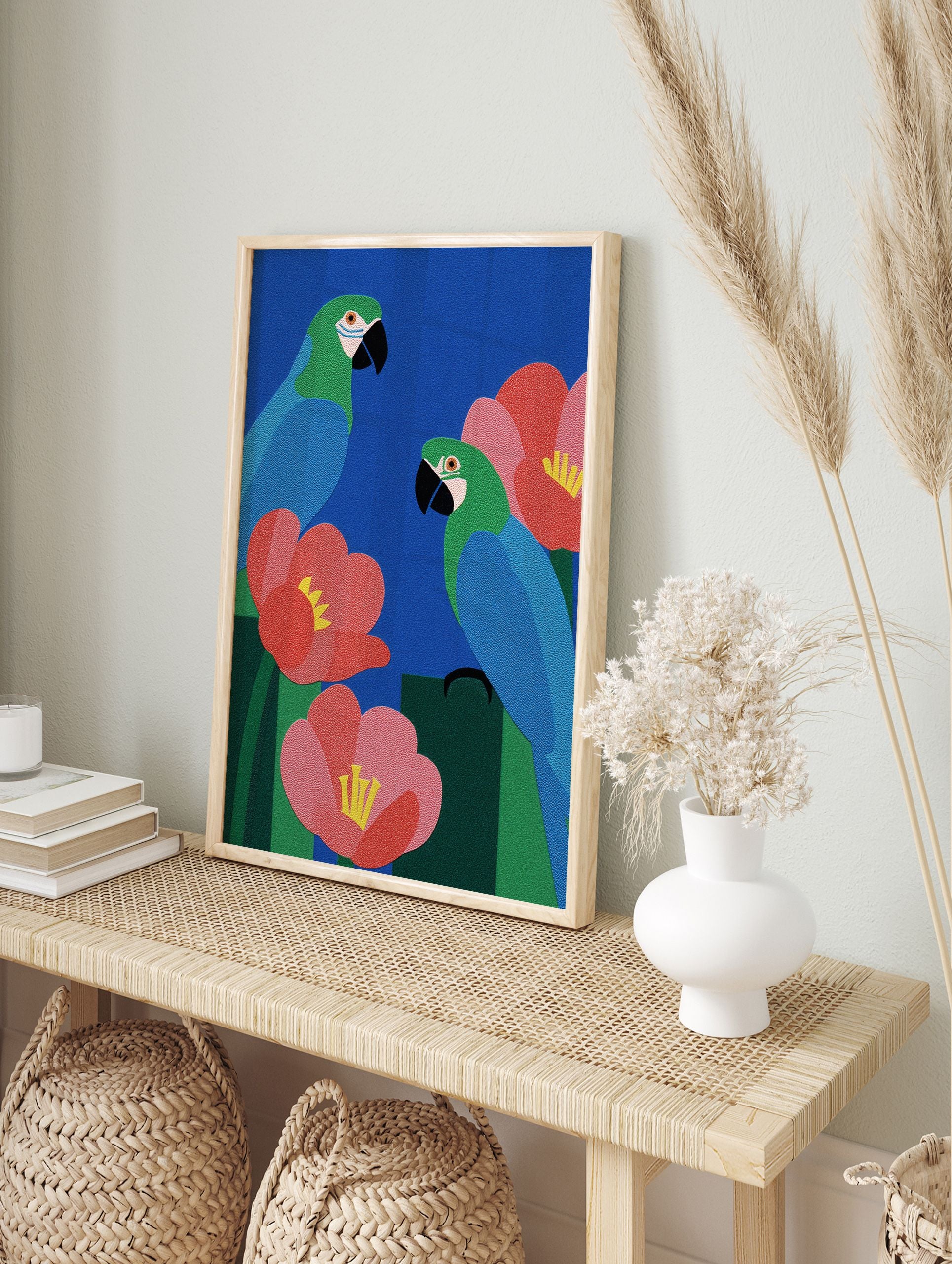 Tropical parrot and flower art poster with blue background and green and blue birds - Image 4