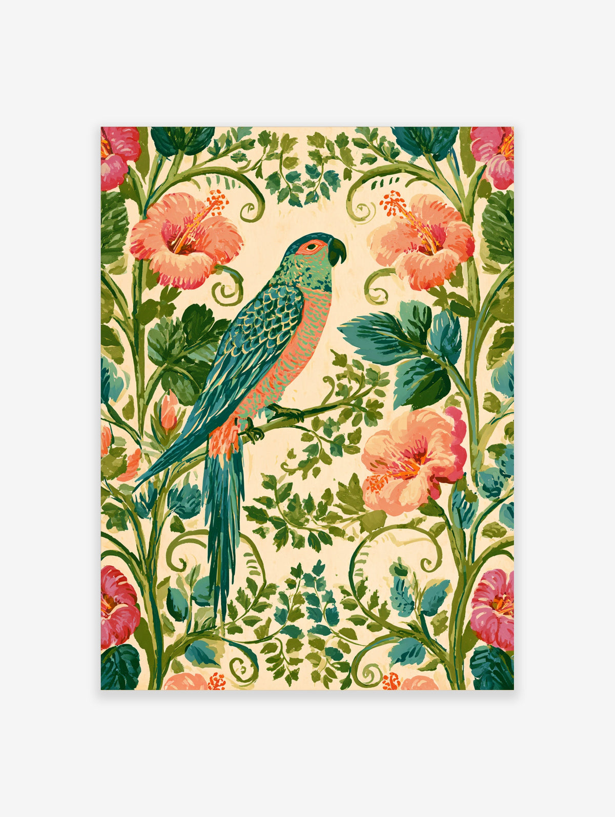 Teal and coral parrot perched among pink hibiscus flowers and green foliage on cream background