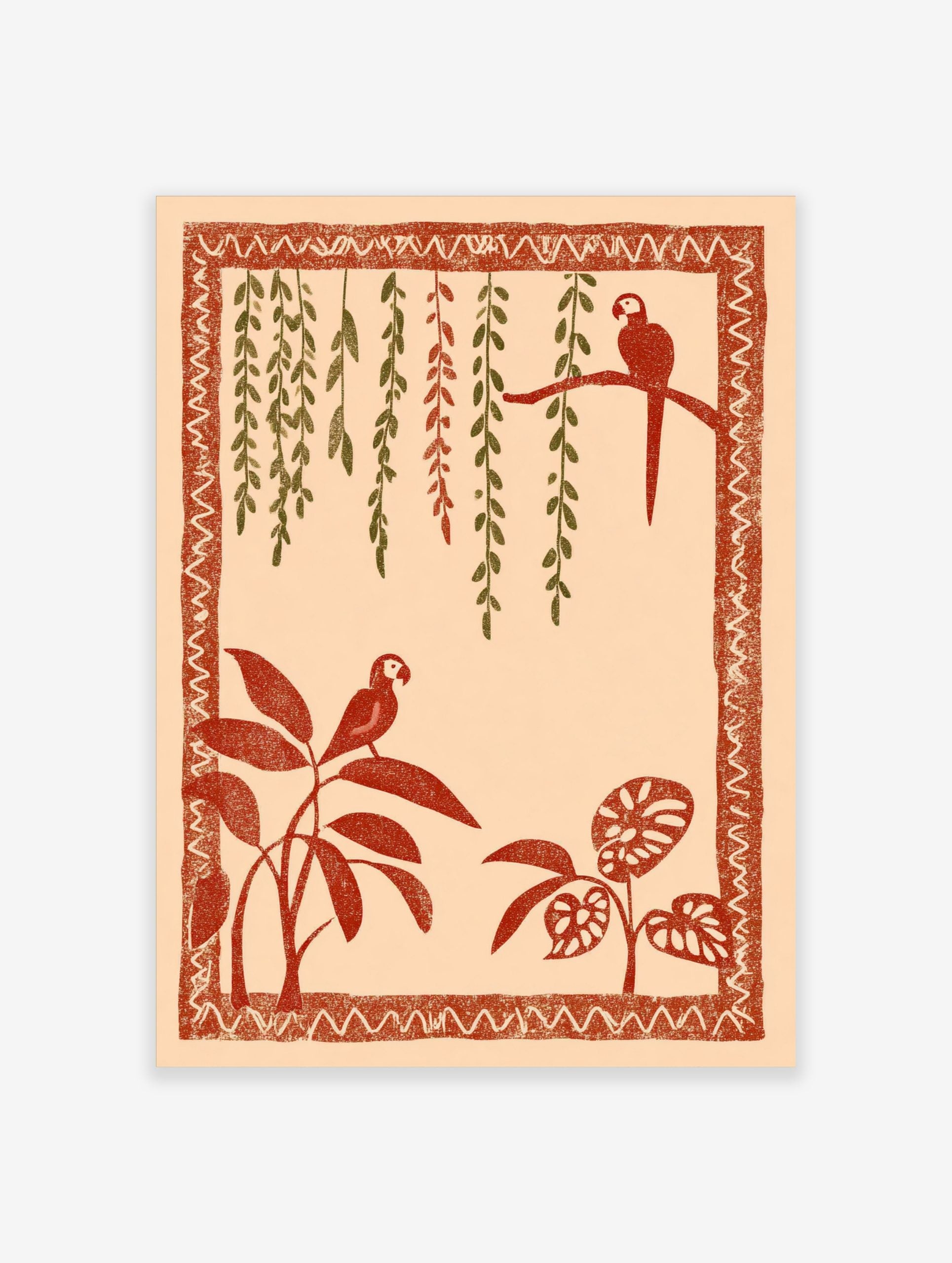 Illustrative tropical wall art with two red parrots, green and red hanging vines, and leafy plants framed by a rustic border