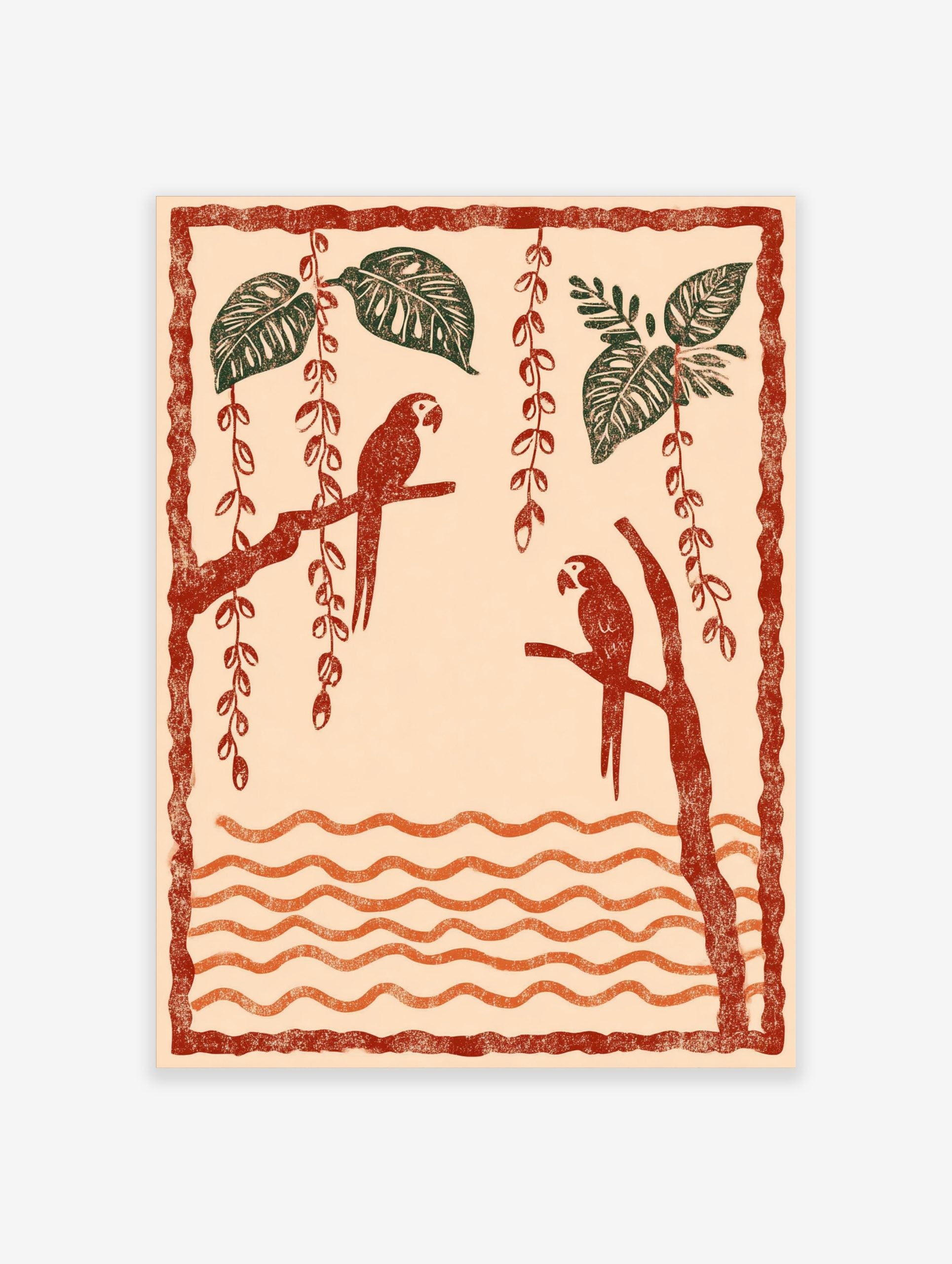 Illustrative art print of two red parrots on branches with green tropical leaves and orange wavy lines