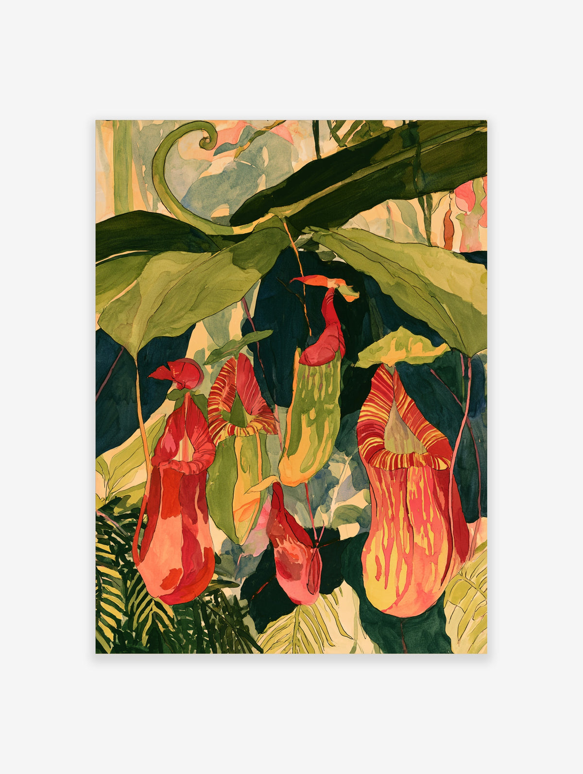 Tropical pitcher plant botanical illustration art print with red and green hanging foliage on dark background