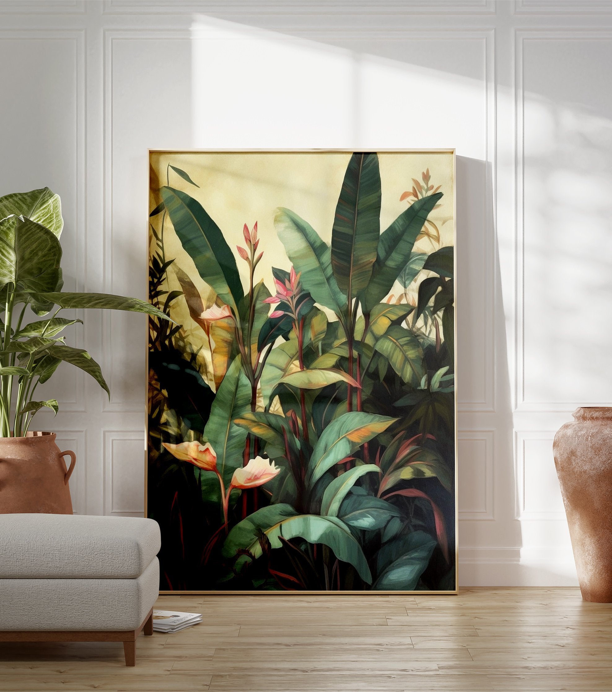 Tropical plant poster featuring lush green banana-like leaves and pink-orange flowers with dark red stems in an illustrative style. - Image 3