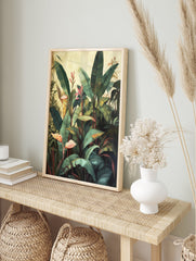 Tropical plant poster featuring lush green banana-like leaves and pink-orange flowers with dark red stems in an illustrative style. - Image 4