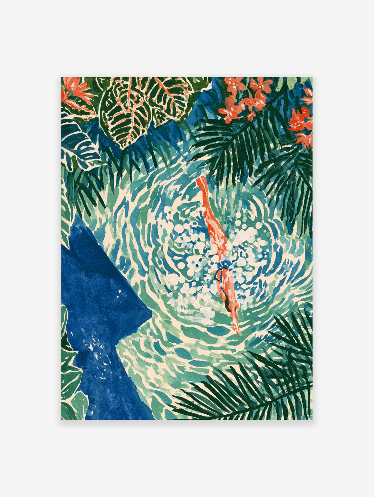 Tropical pool poster with aerial swimmer, turquoise water ripples, palm leaves, and coral flowers