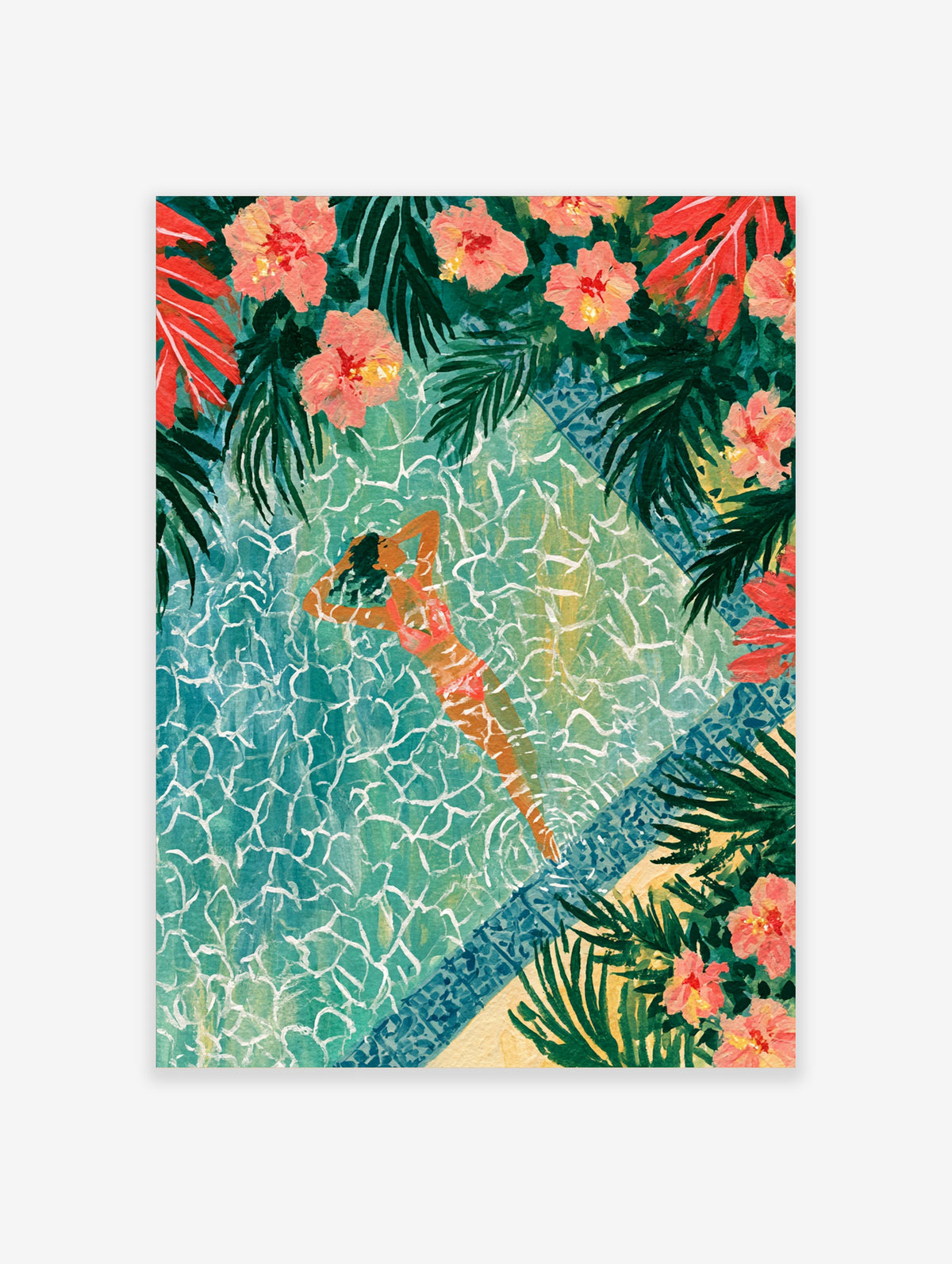 Tropical pool poster of a woman floating in turquoise water with pink hibiscus and palm leaves