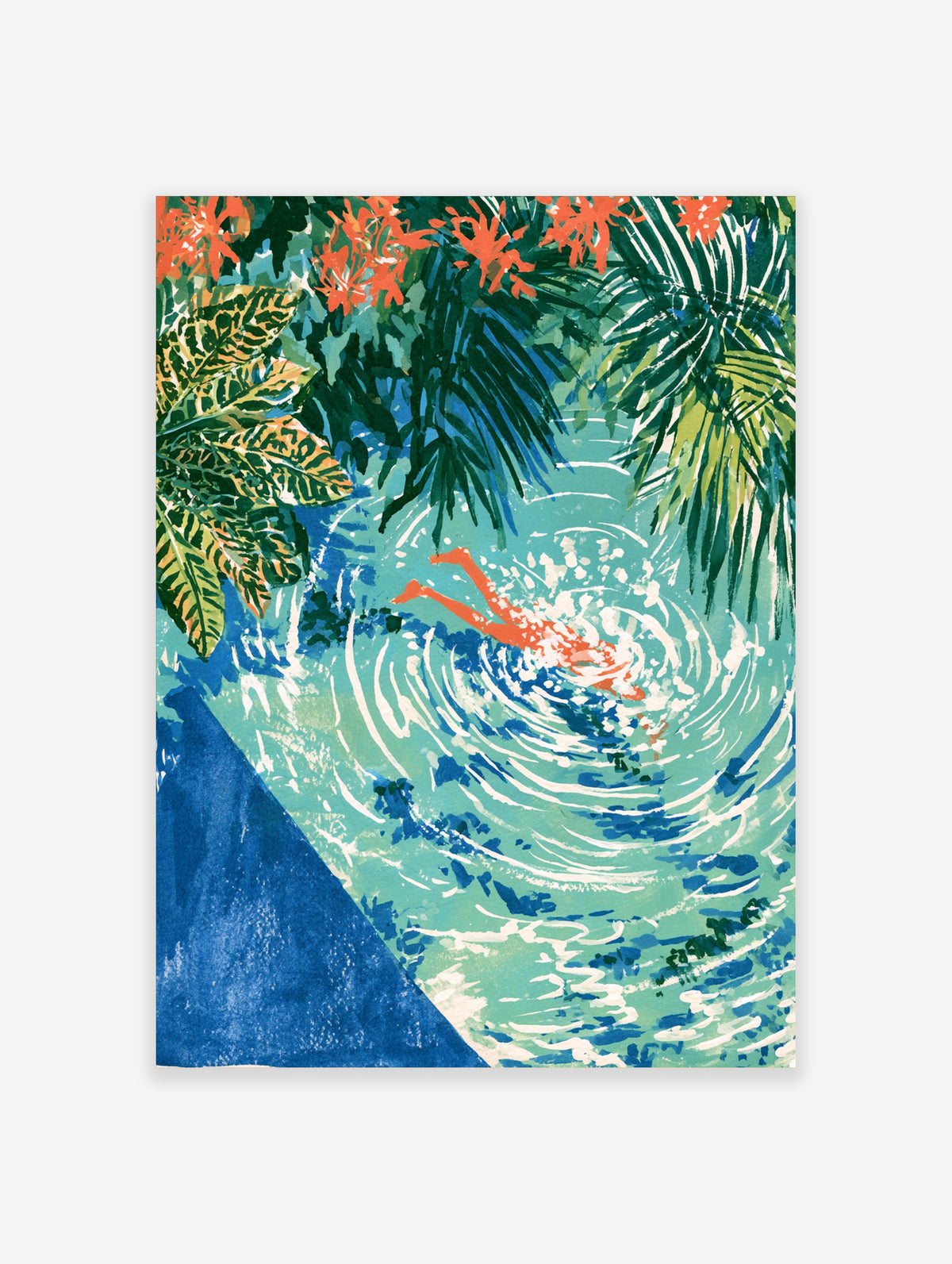 Tropical pool poster with orange swimmer in turquoise water and palm leaves
