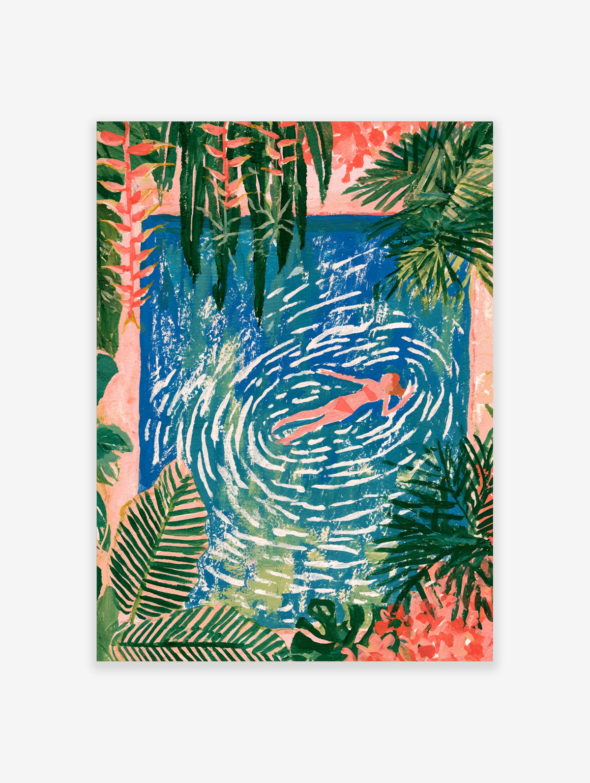 Tropical pool swimmer art print with pink figure, blue water ripples, and palm leaves