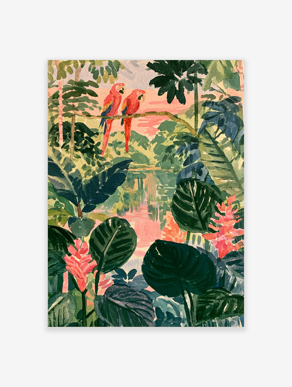 Tropical rainforest art print with two red macaws on a branch, green leaves, pink flowers, and a pink sky