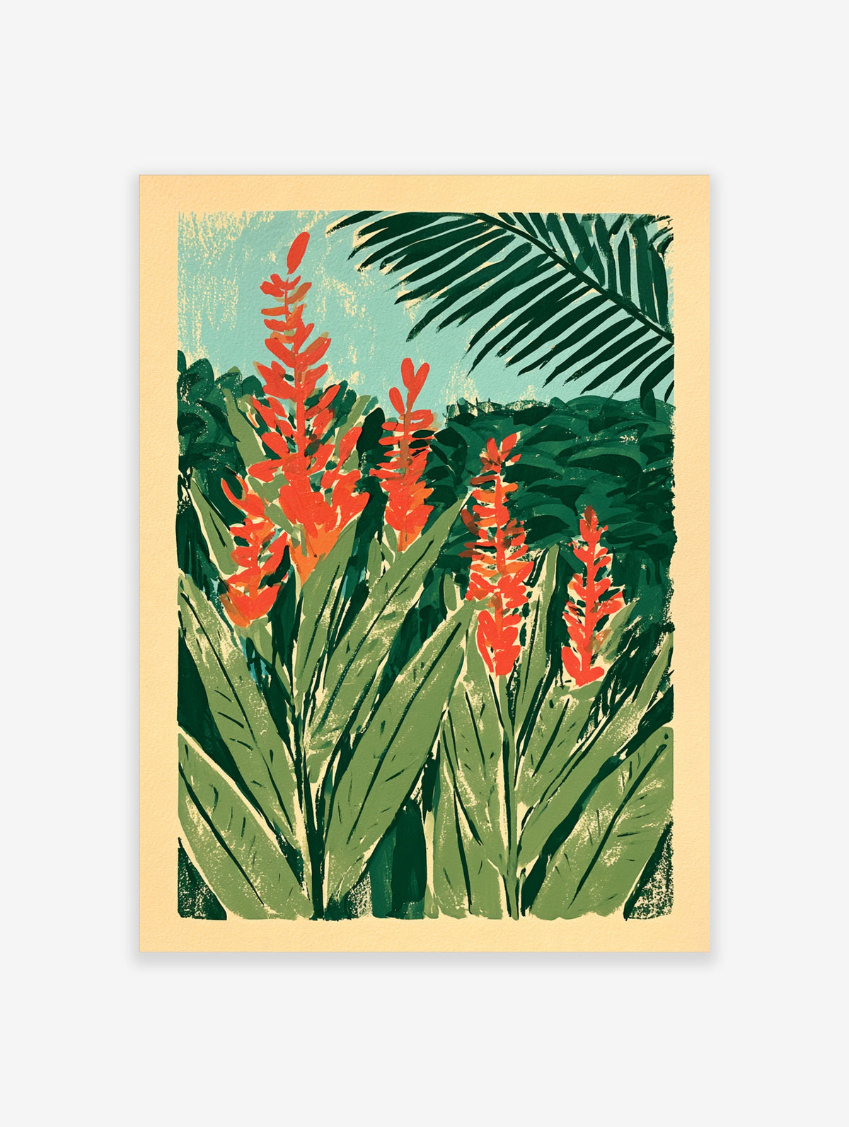Tropical red ginger flower poster with green leaves and palm frond on pale blue sky