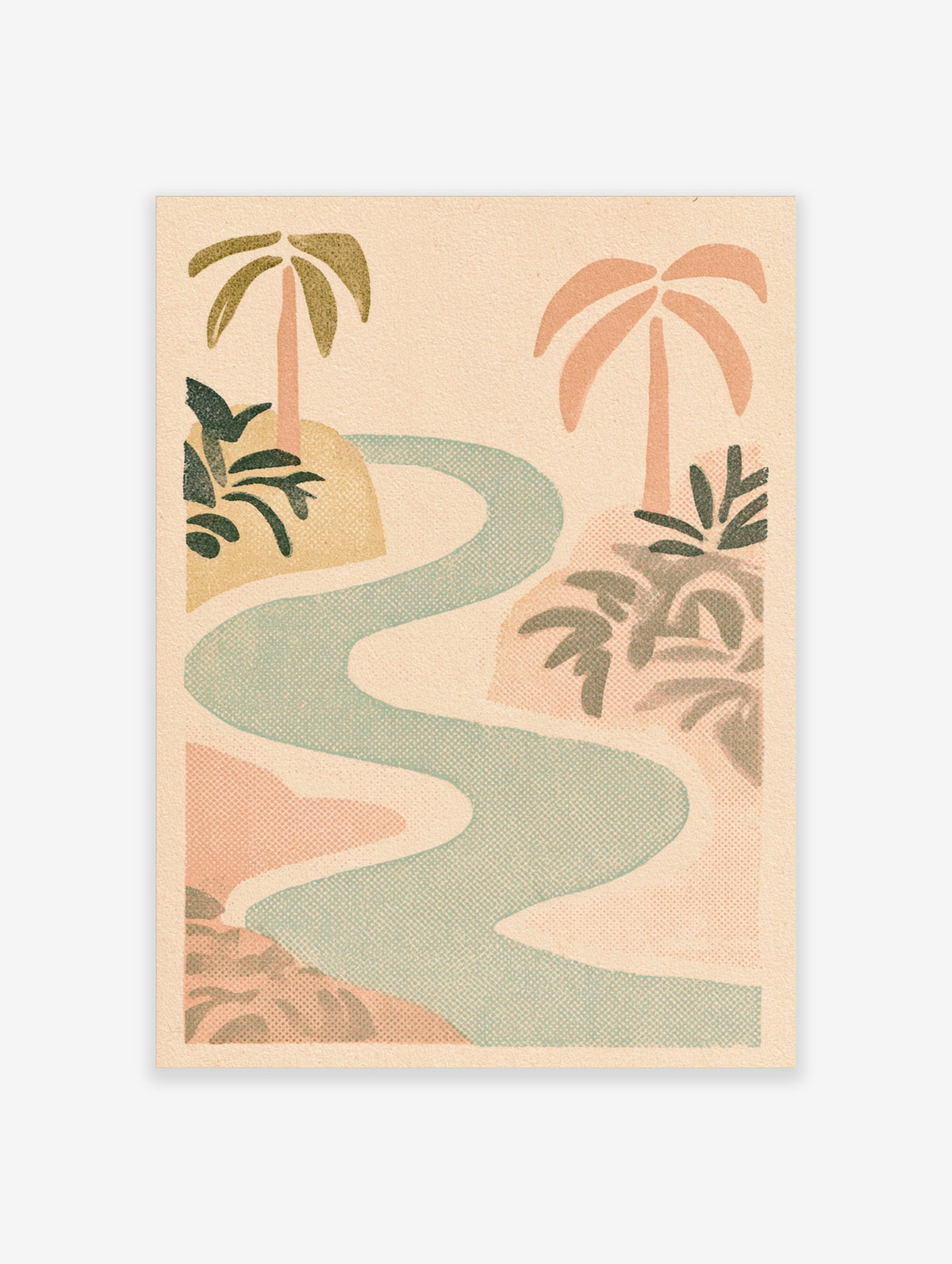 Tropical river landscape art print with two stylised palm trees and winding pale blue water