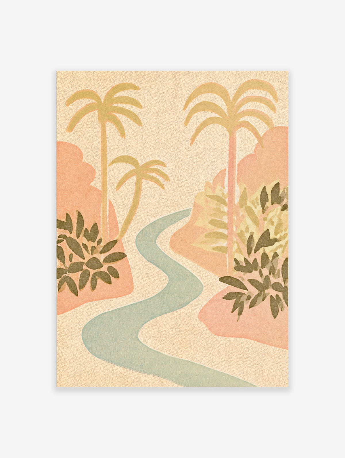 Pastel tropical river landscape art print with palm trees, pink rocks, and olive foliage