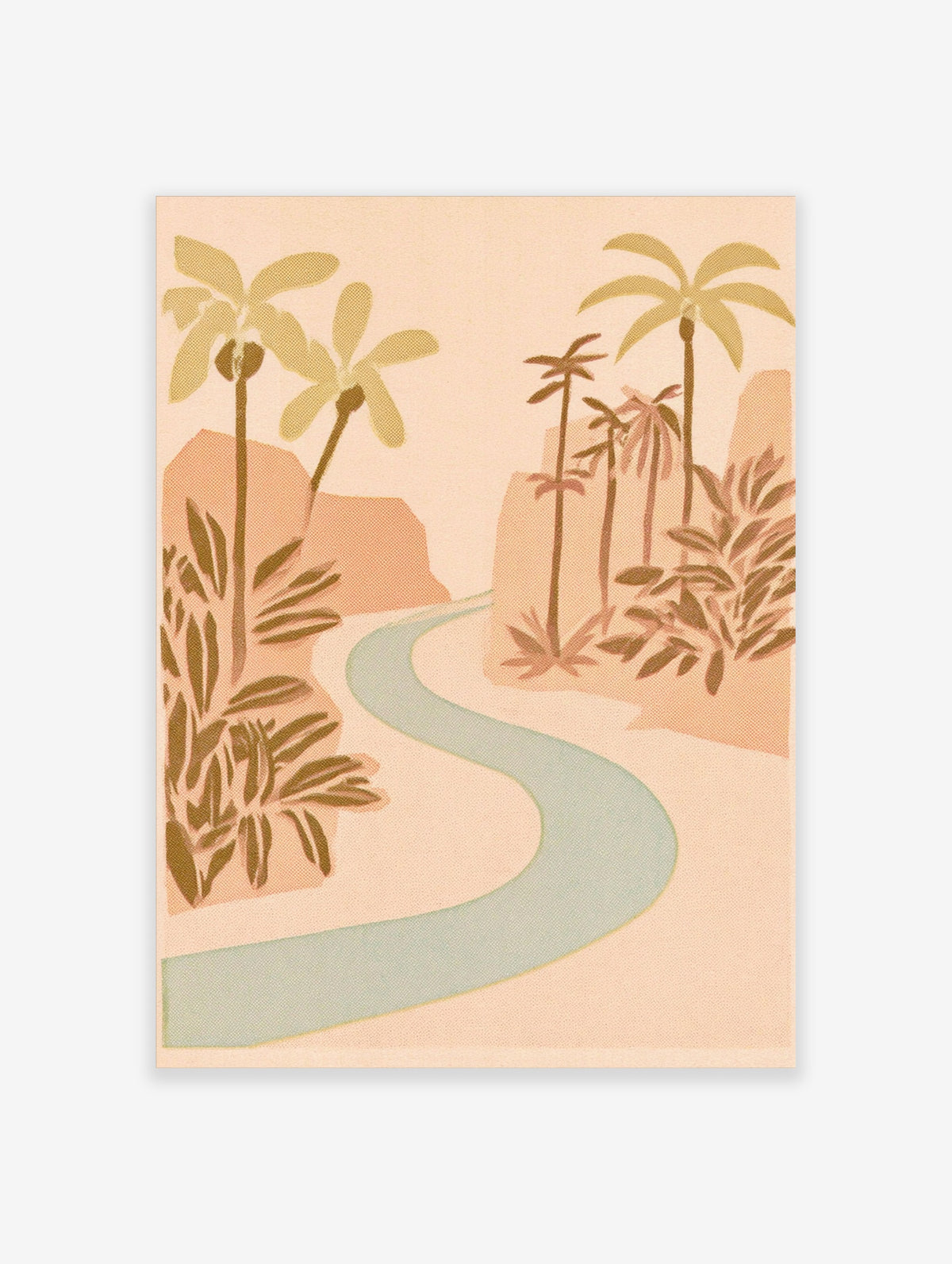 Tropical river landscape art print with palm trees, foliage, and a winding blue stream on peach background