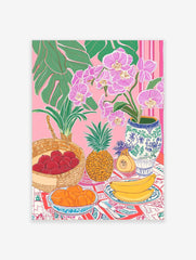 Tropical still life illustration with pink orchids, green leaves, lychees, pineapple, oranges, and bananas
