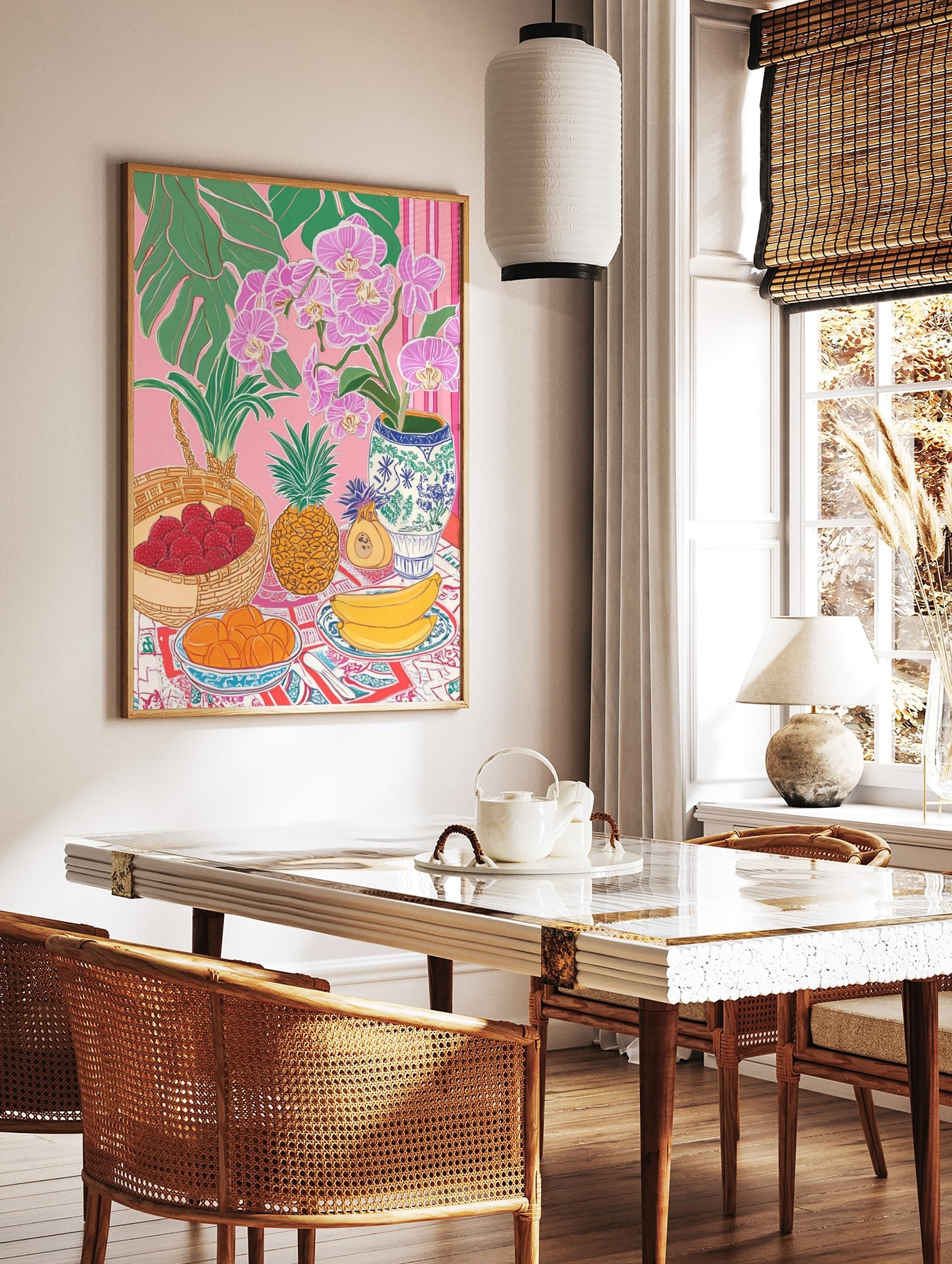 Tropical still life illustration with pink orchids, green leaves, lychees, pineapple, oranges, and, in a styled room mockup
