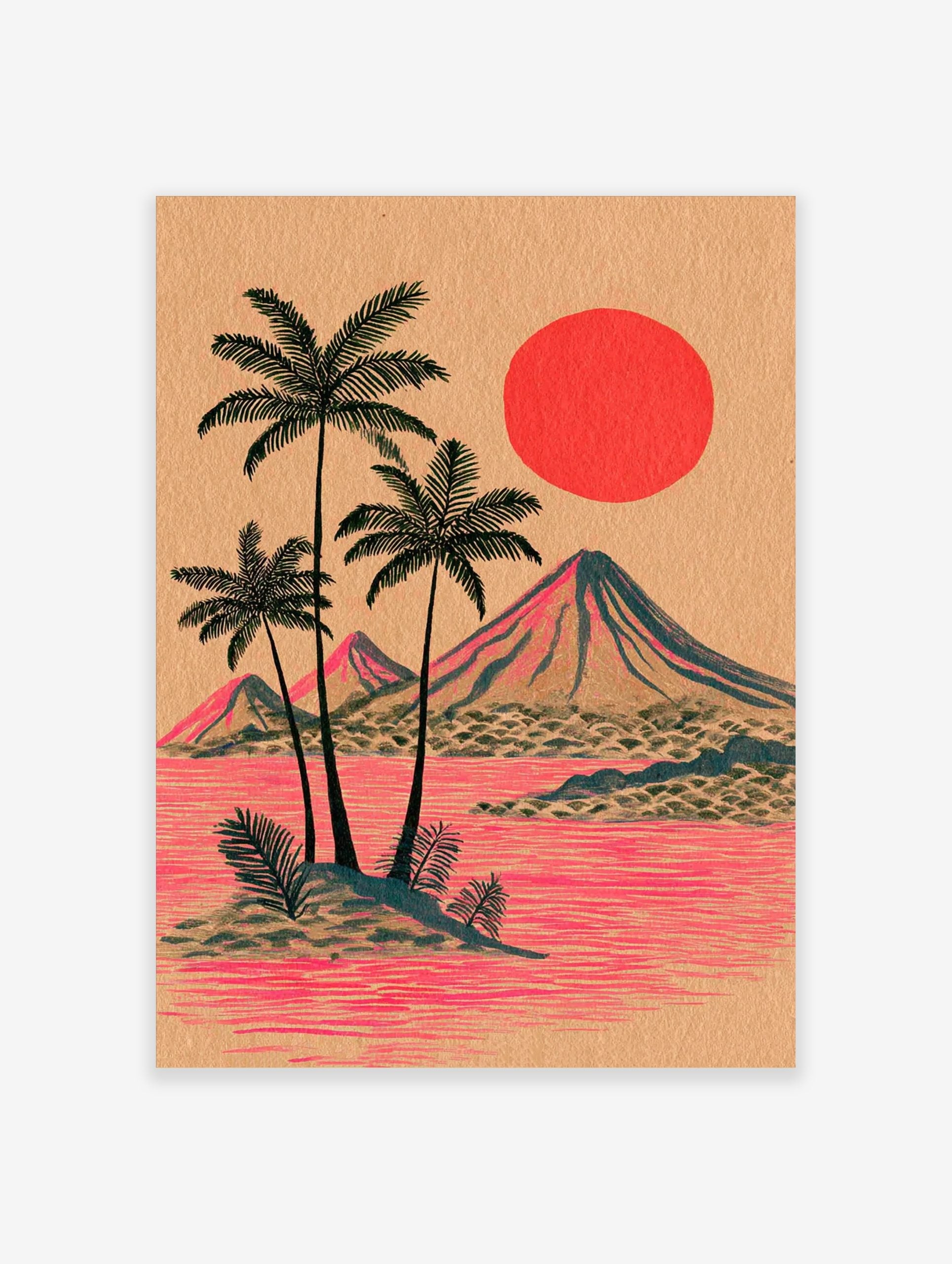 Illustrative tropical island print with palm trees, mountains, red sun, and pink water on tan paper