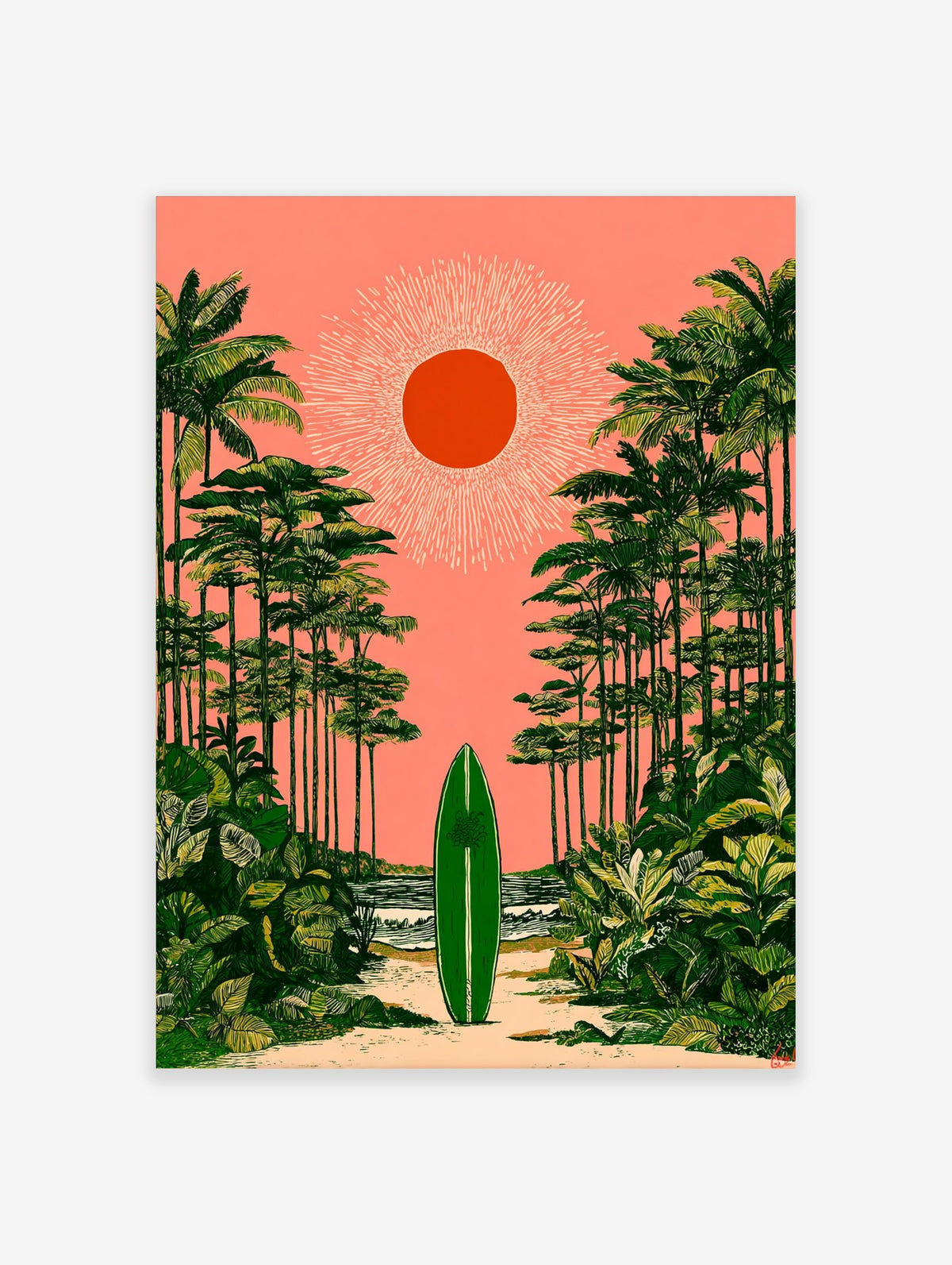 Green surfboard on sandy path, framed by palm trees under coral pink sky with orange sun, tropical surf wall art