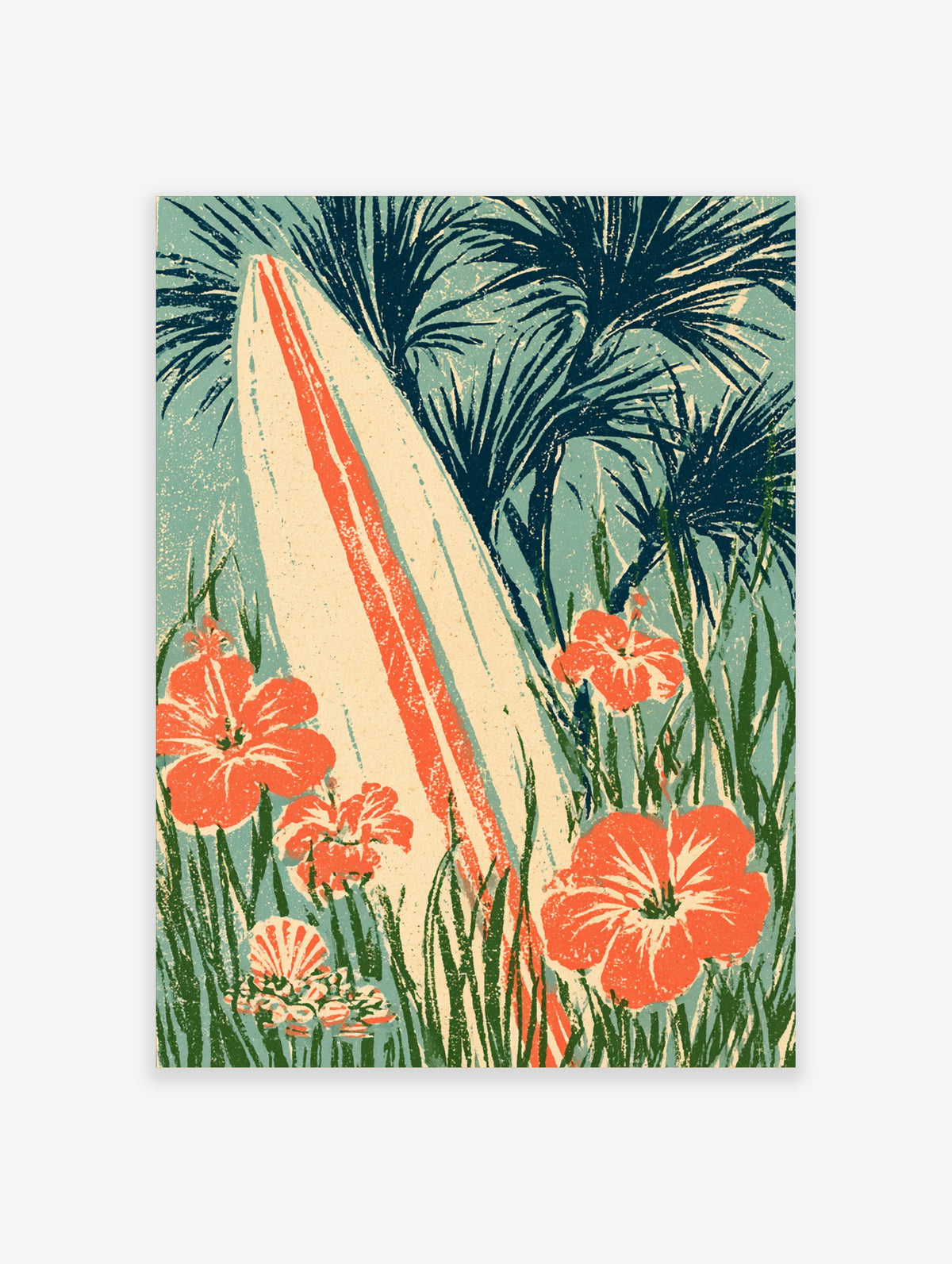 Tropical surfboard with coral stripes, hibiscus flowers, and palm leaves in a retro illustration
