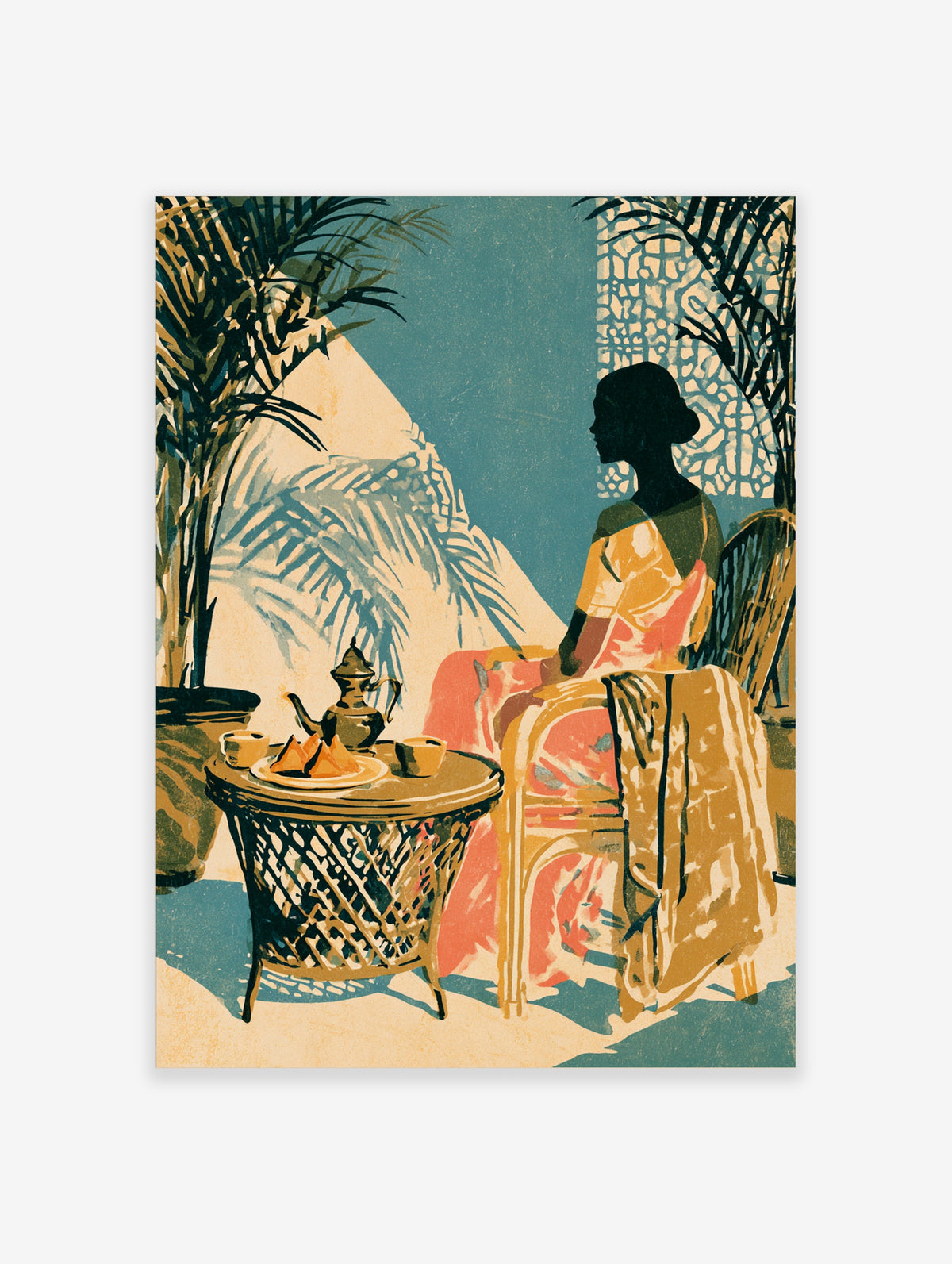 Tropical tea poster with silhouetted woman, rattan table, teapot and palm shadows in teal and coral