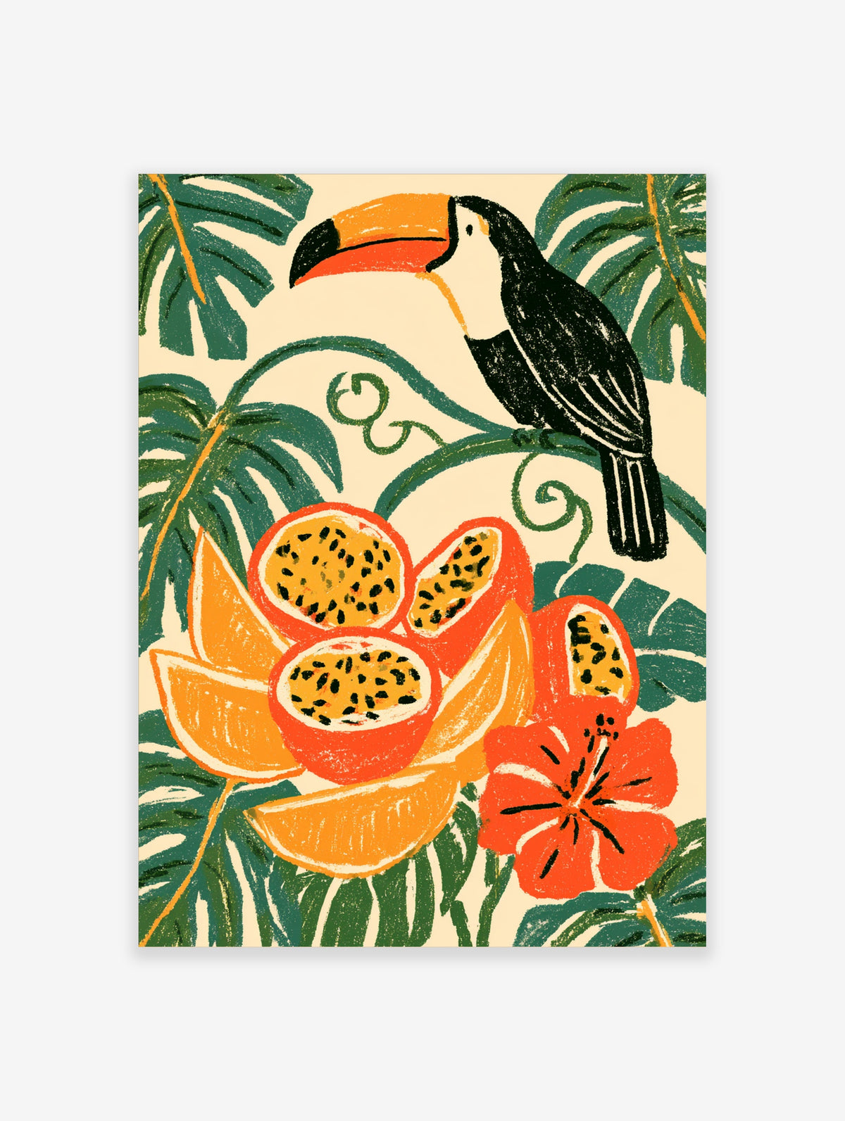 Tropical toucan art print with passion fruit, orange slices and red hibiscus on palm leaves