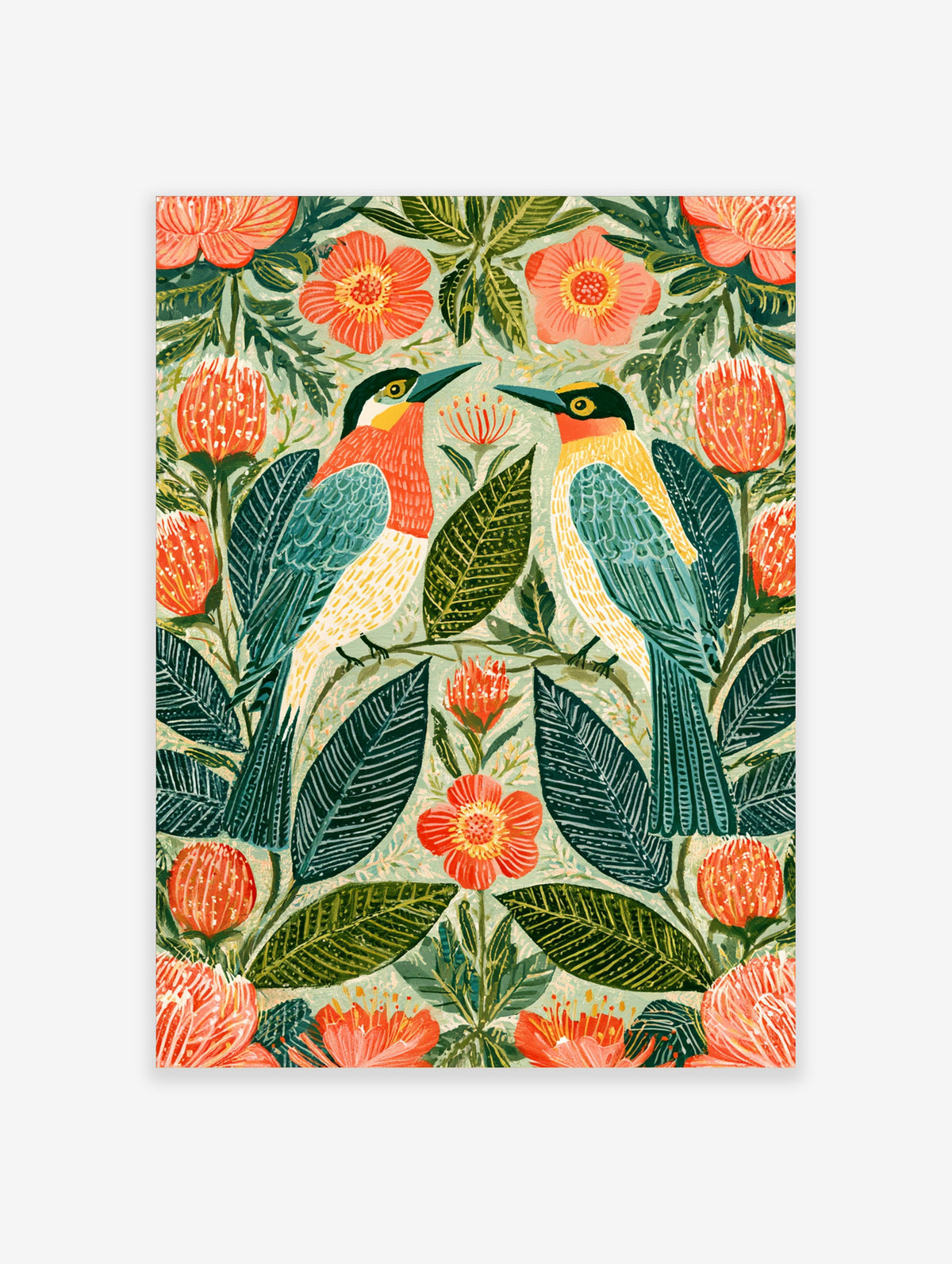 Tropical toucan wall art print with two birds perched among coral flowers and green leaves