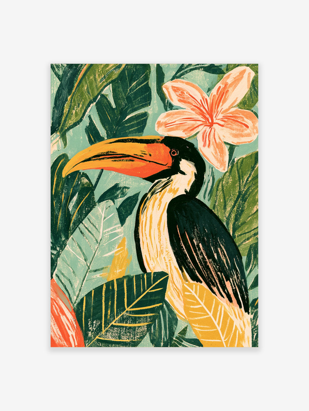 Tropical toucan art print with orange bill, cream chest, green jungle leaves and peach flower