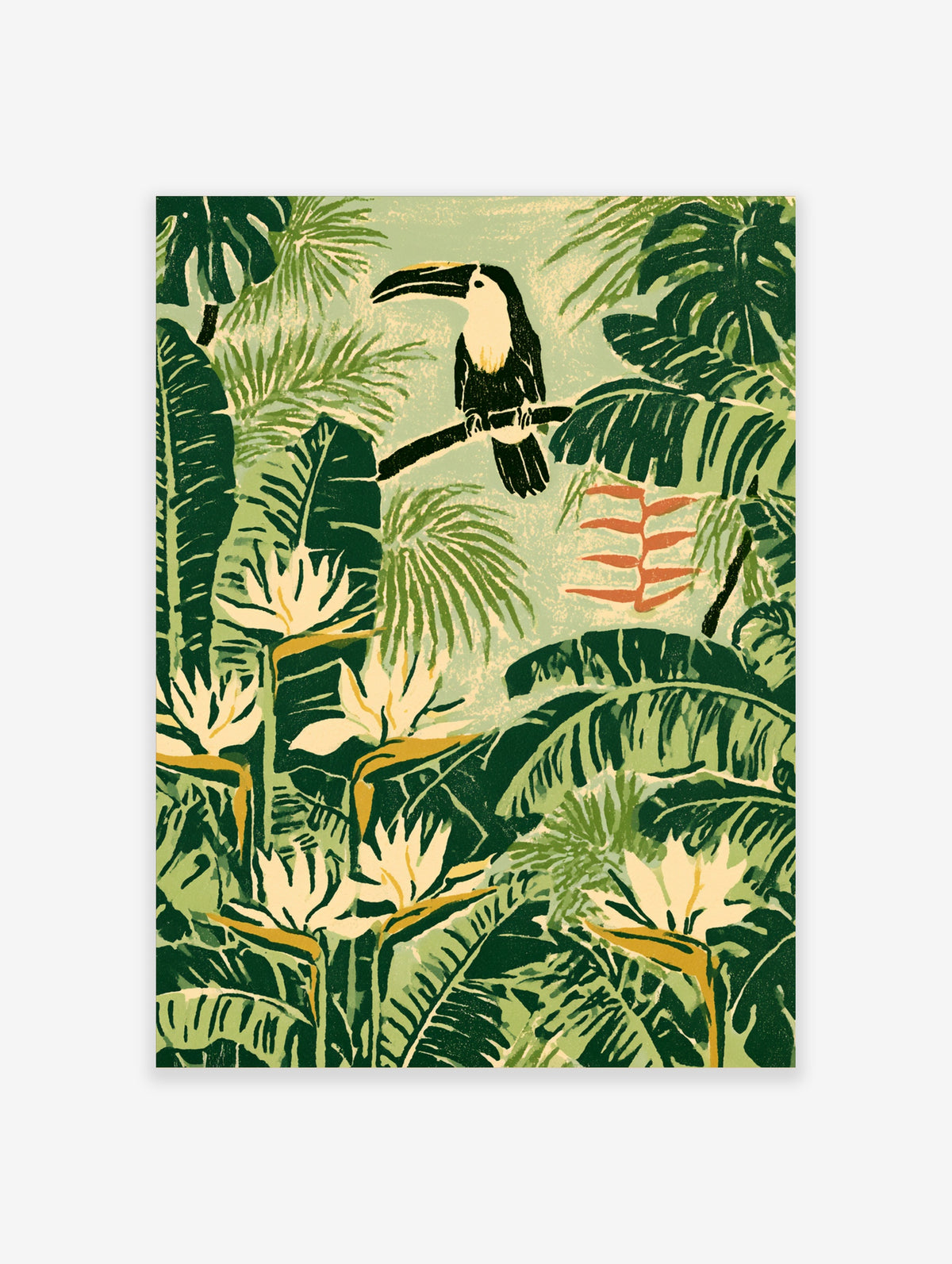Tropical toucan perched on branch with green palm leaves and white flowers art print