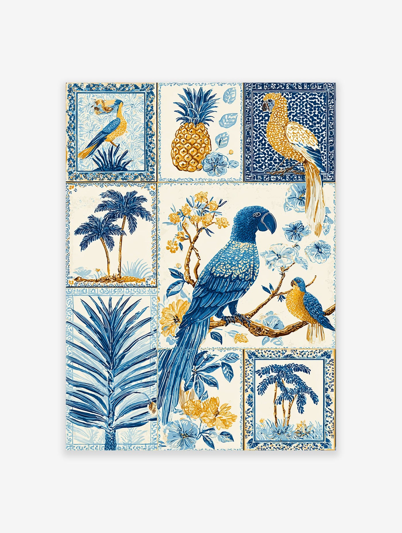 Multi-panel Tropical Wall Art print with blue parrots, golden pineapple, palm trees, and flowers on a white background.