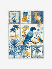 Multi-panel Tropical Wall Art print with blue parrots, golden pineapple, palm trees, and flowers on a white background.