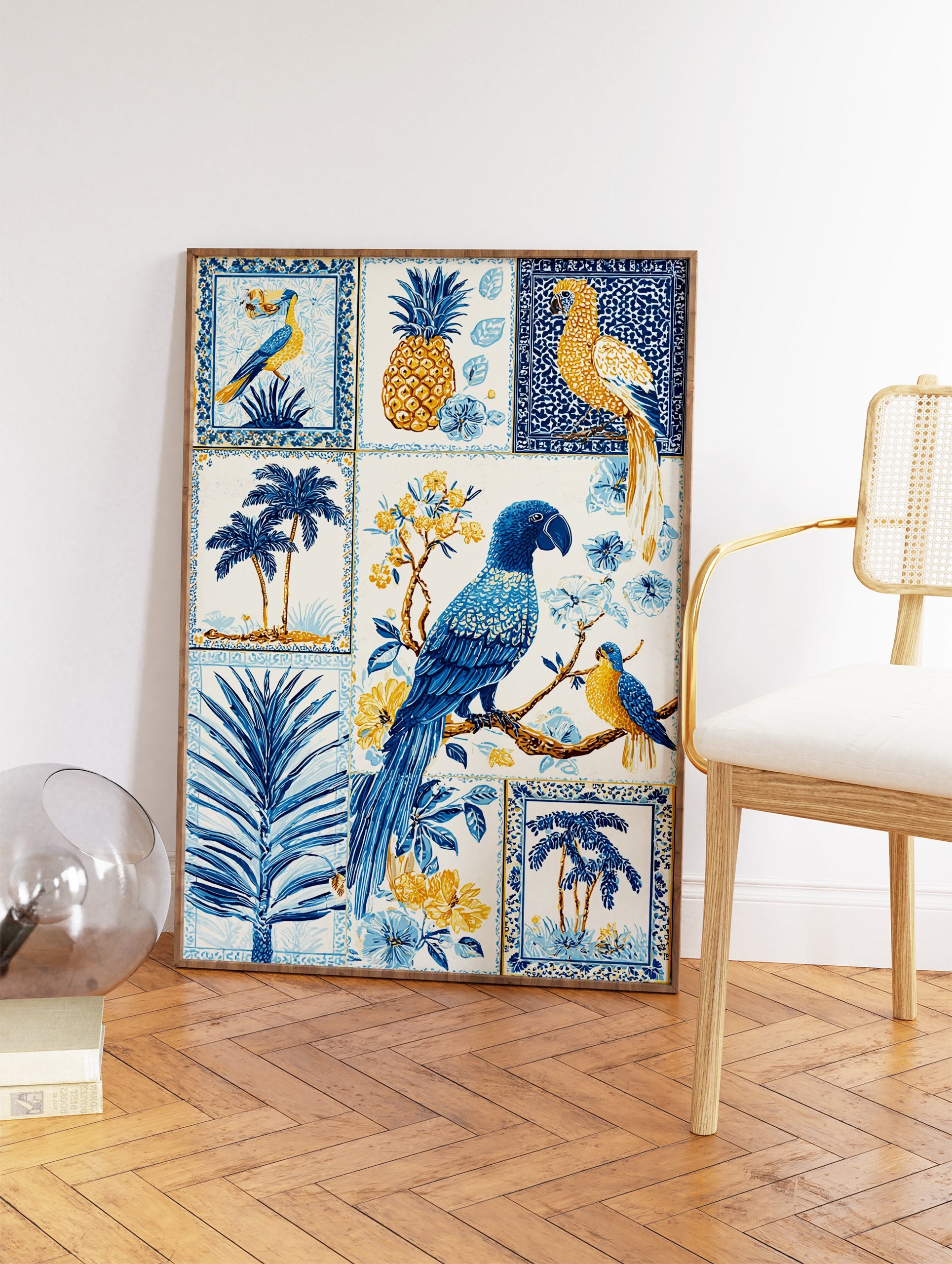 Multi-panel Tropical Wall Art print with blue parrots, golden pineapple, palm trees, and flowers on a white background. - Image 2