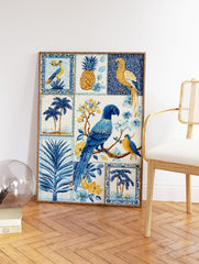 Multi-panel Tropical Wall Art print with blue parrots, golden pineapple, palm trees, and flowers on a white background. - Image 2
