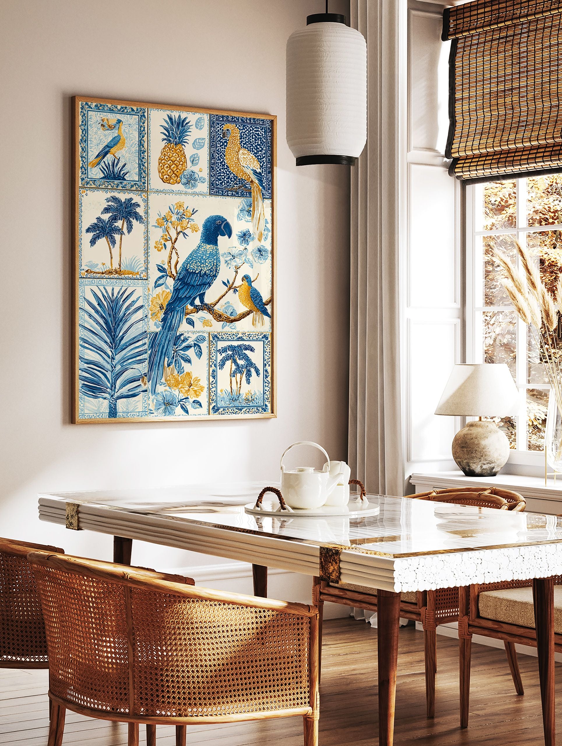 Multi-panel Tropical Wall Art print with blue parrots, golden pineapple, palm trees, and flowers on a white background. - Image 3