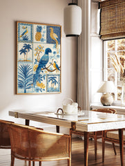 Multi-panel Tropical Wall Art print with blue parrots, golden pineapple, palm trees, and flowers on a white background. - Image 3