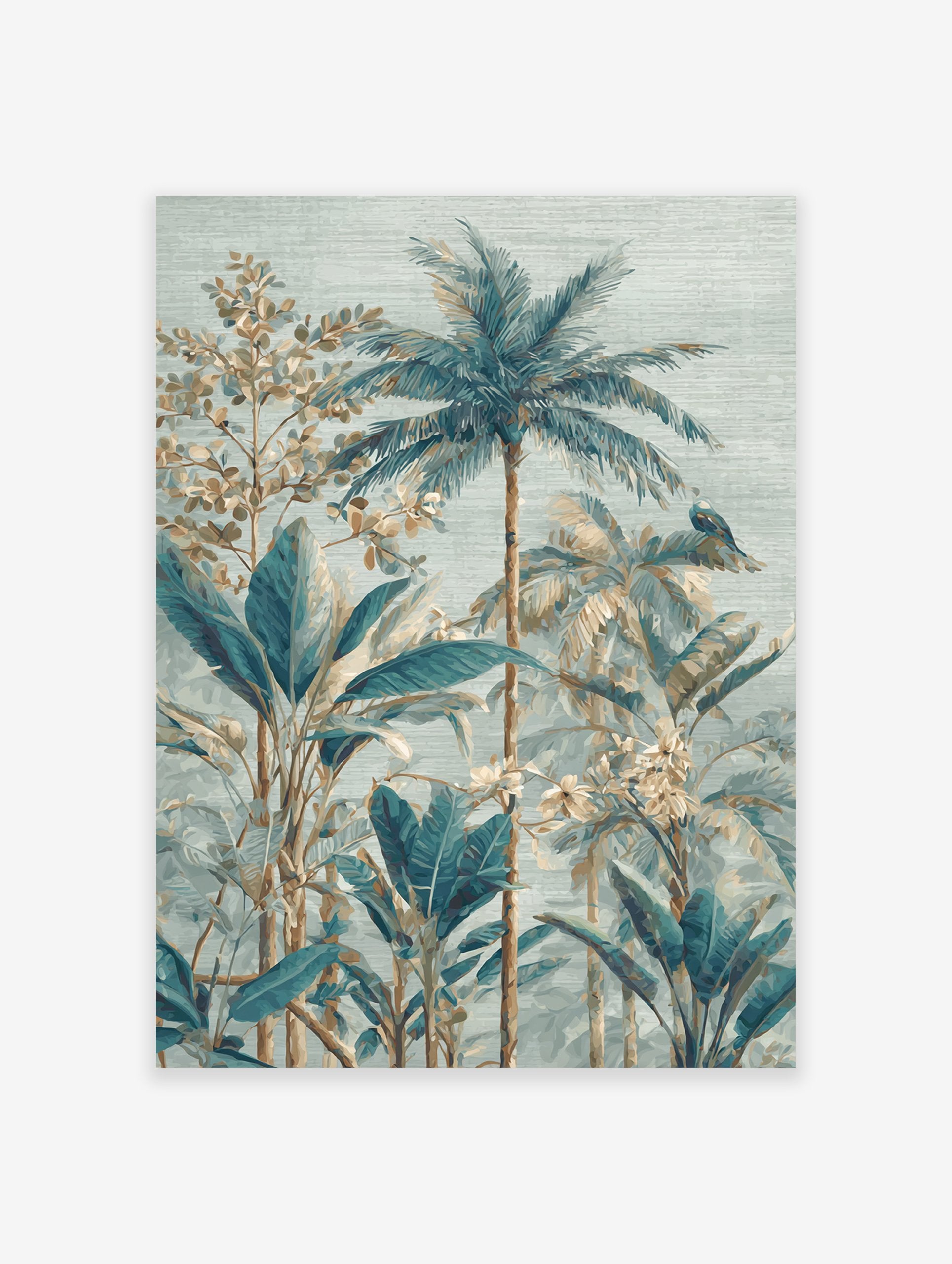 Tropical wall art print featuring an illustrative jungle scene with blue-green palm trees, large leaves, and beige foliage.