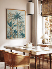 Tropical wall art print featuring an illustrative jungle scene with blue-green palm trees, large leaves, and beige foliage. - Image 2