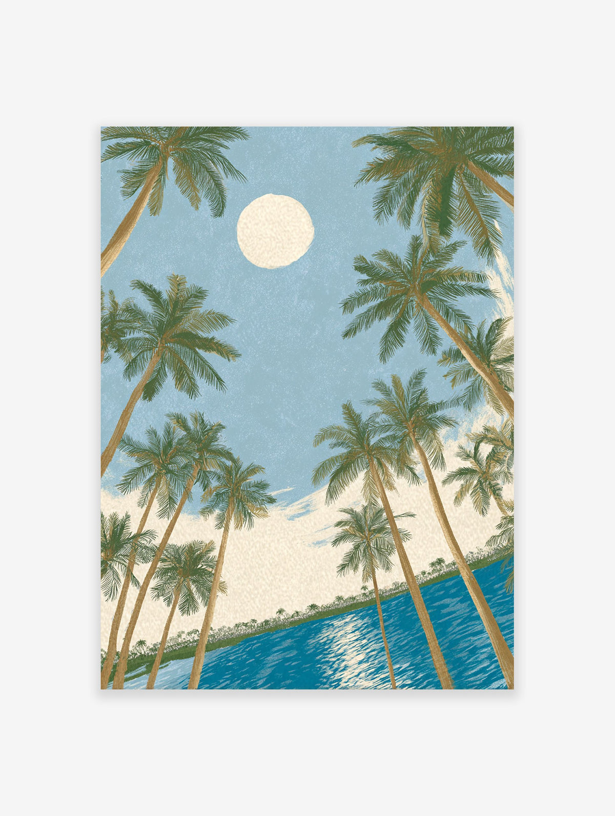 Moonlit tropical wall art with palm trees framing a blue ocean and a large moon in a light blue sky.