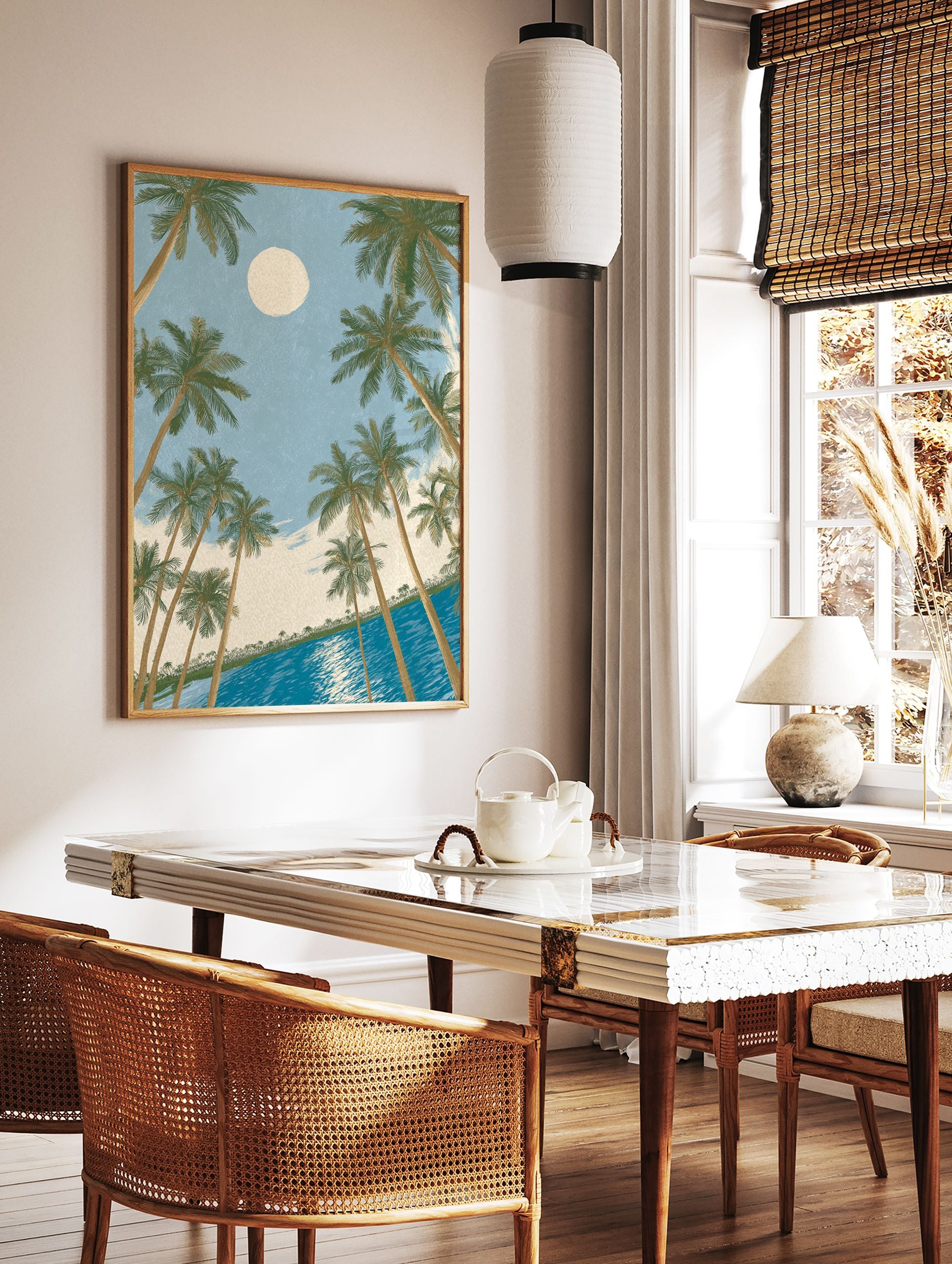 Moonlit tropical wall art with palm trees framing a blue ocean and a large moon in a light blue sky. - Image 2