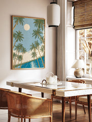 Moonlit tropical wall art with palm trees framing a blue ocean and a large moon in a light blue sky. - Image 2