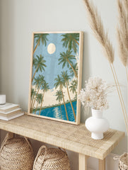 Moonlit tropical wall art with palm trees framing a blue ocean and a large moon in a light blue sky. - Image 3