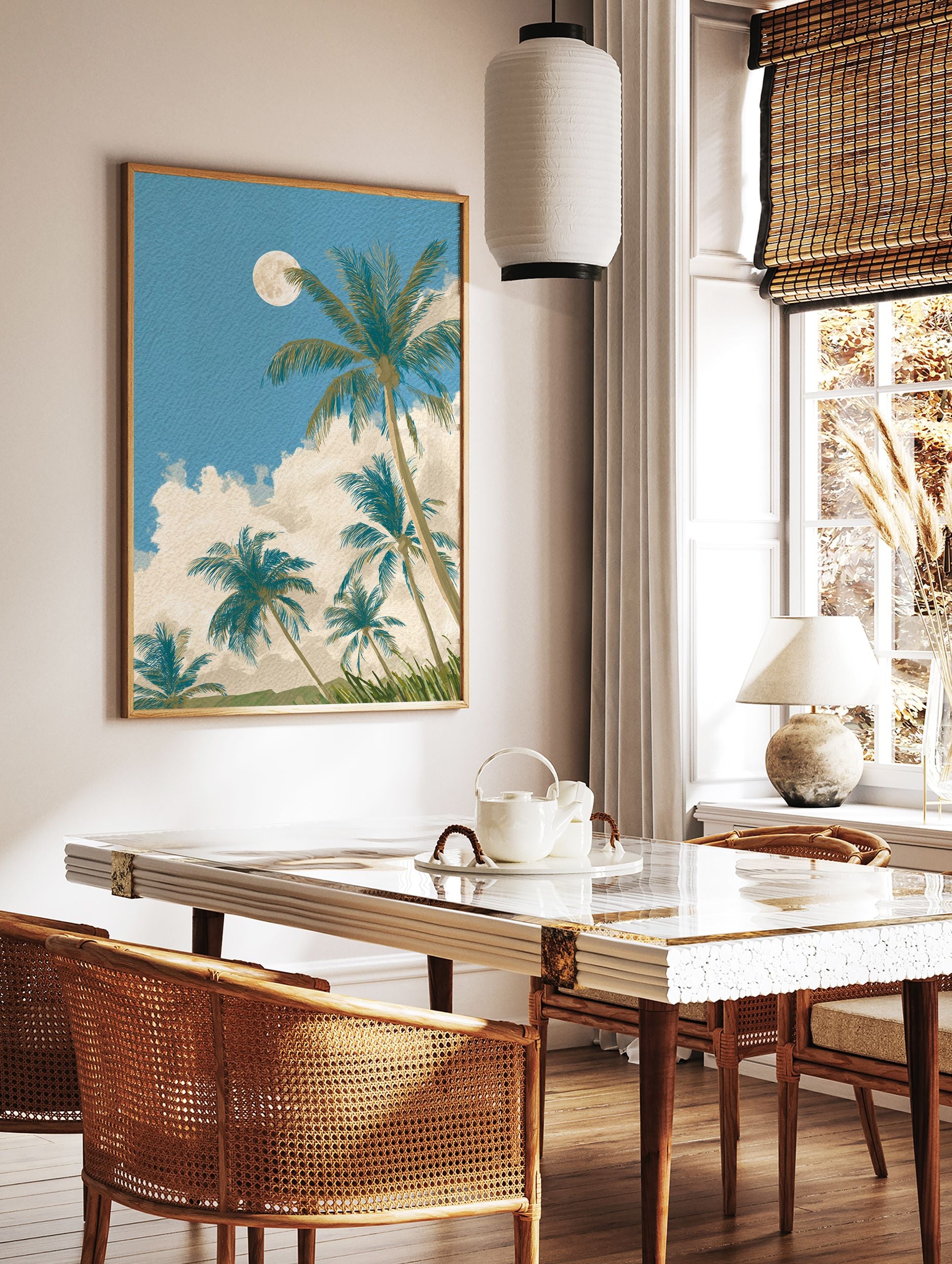 Tropical wall art print of palm trees under a full moon and clouds with a blue sky and green foliage. - Image 2