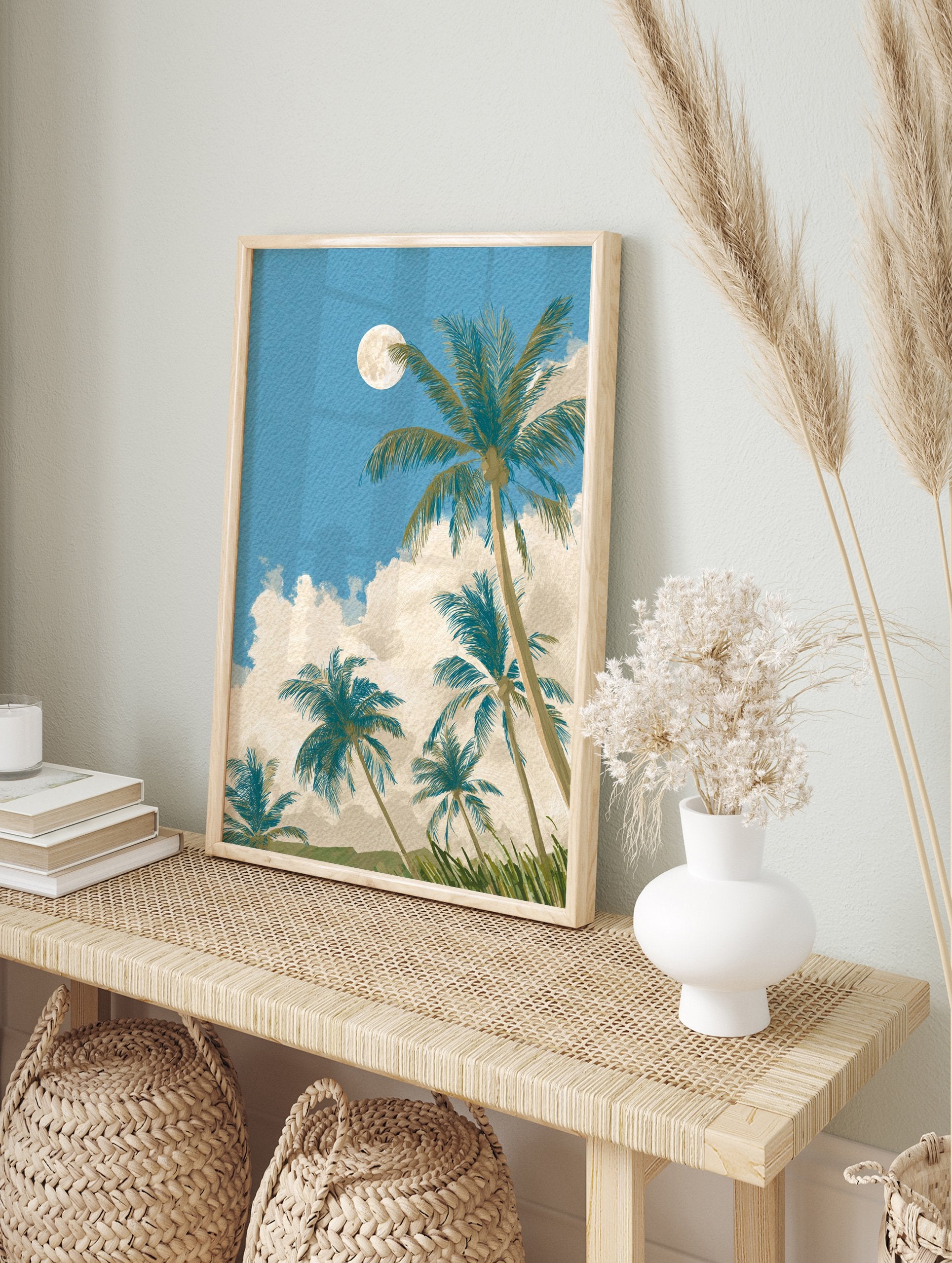 Tropical wall art print of palm trees under a full moon and clouds with a blue sky and green foliage. - Image 3