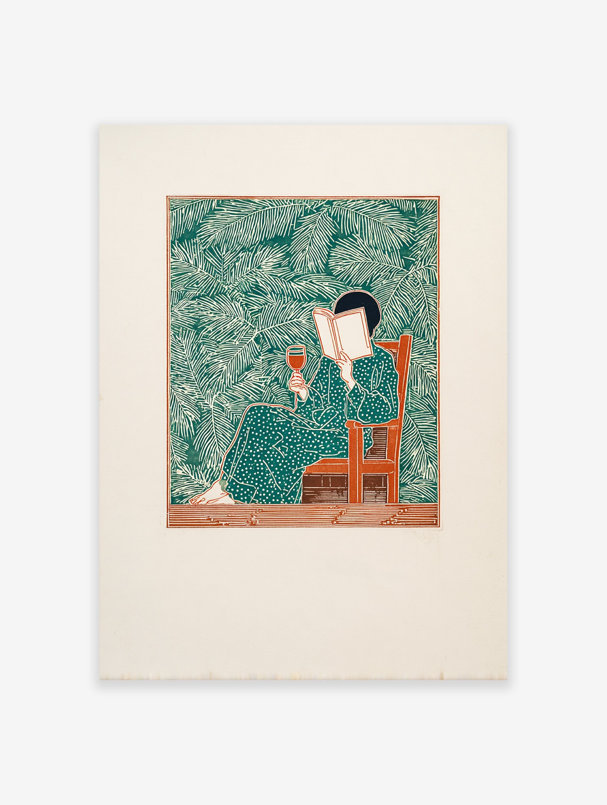 Illustration of a woman in a green polka dot dress reading a book and holding wine, surrounded by green palm leaves.