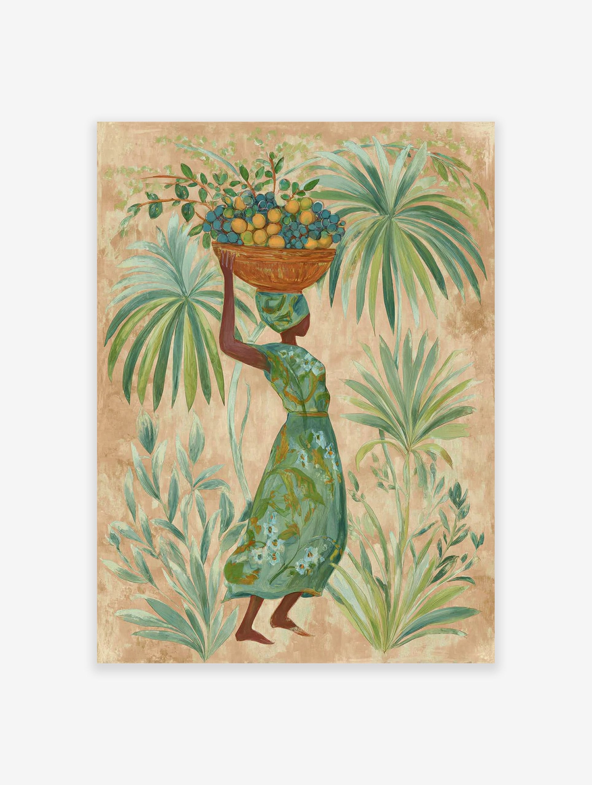 Tropical Woman Wall Art featuring a woman carrying a basket of fruit on her head, surrounded by lush green palm leaves.