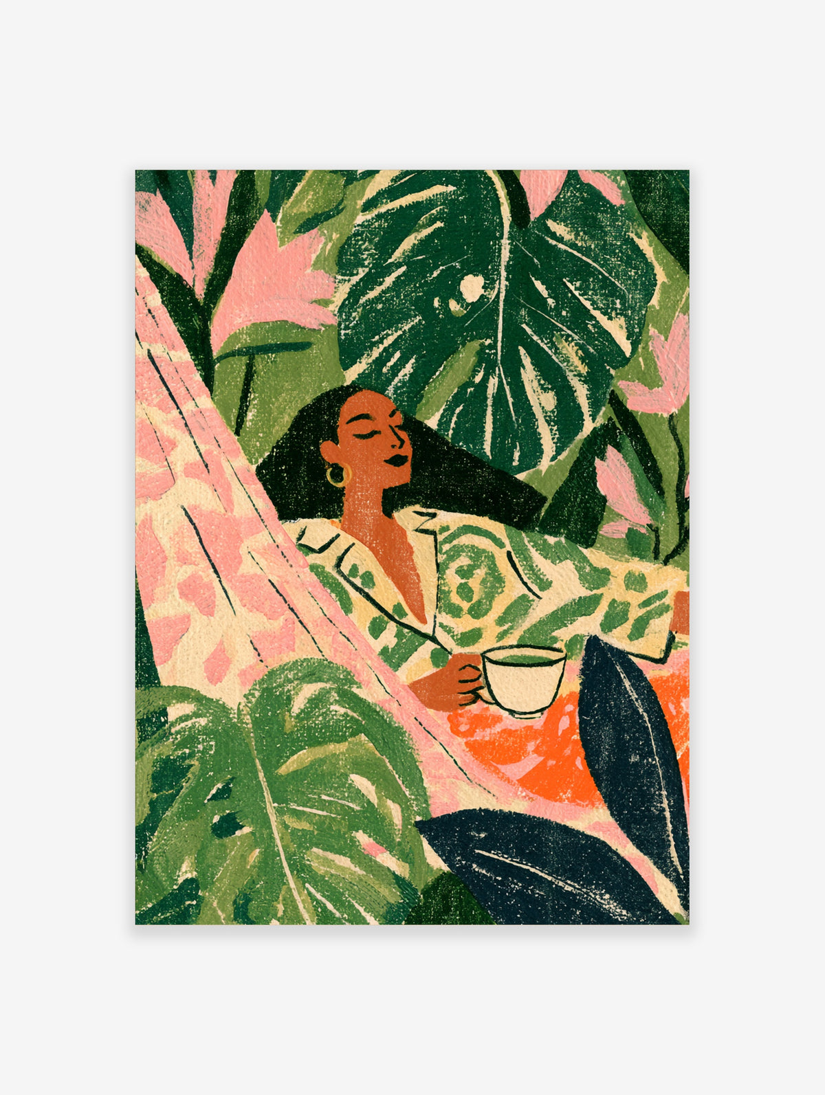 Tropical woman wall art print with woman holding cup and large green botanical leaves