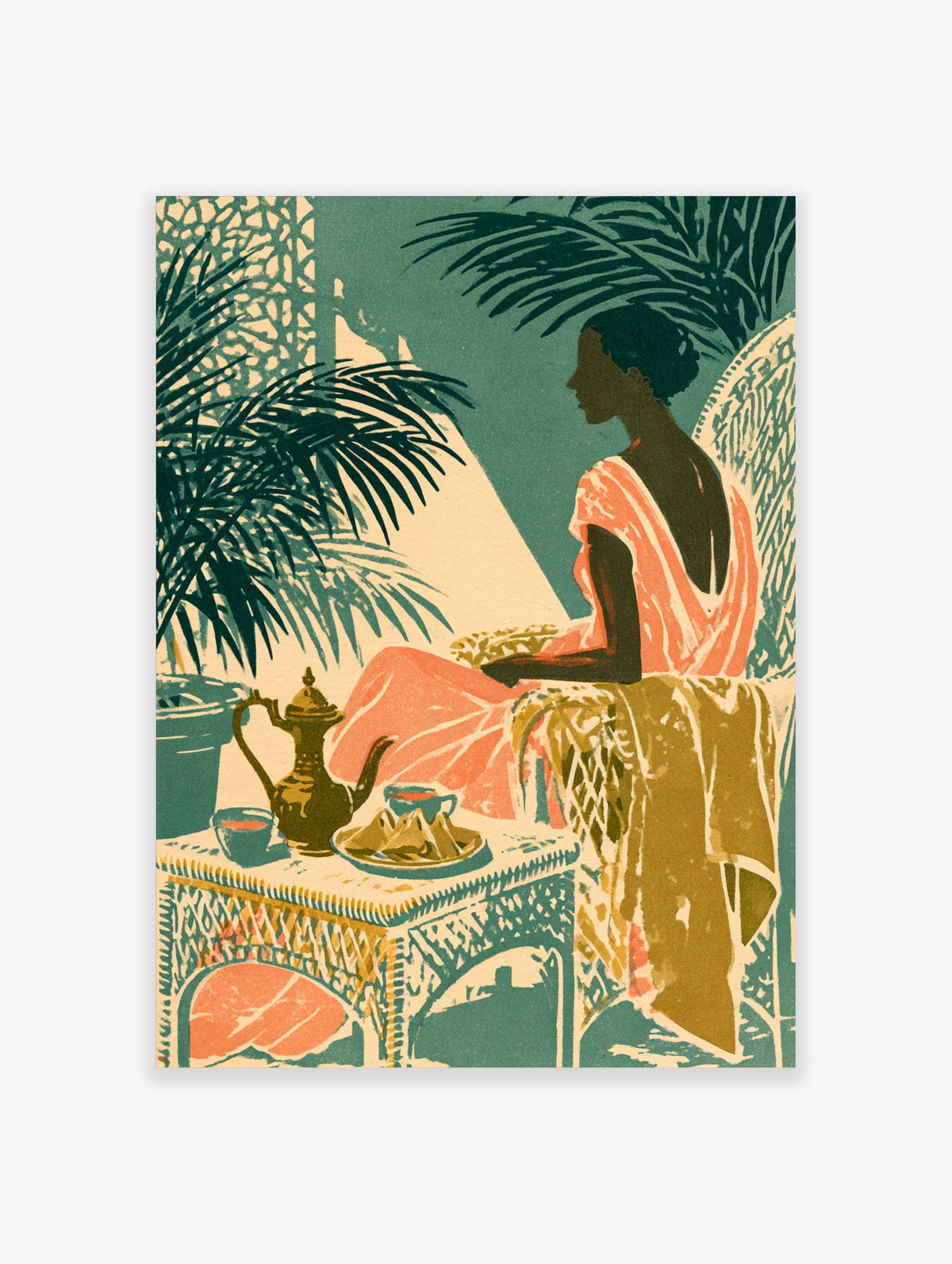 Tropical woman seated by a table with teapot, pastries and palm leaves, teal and peach art print